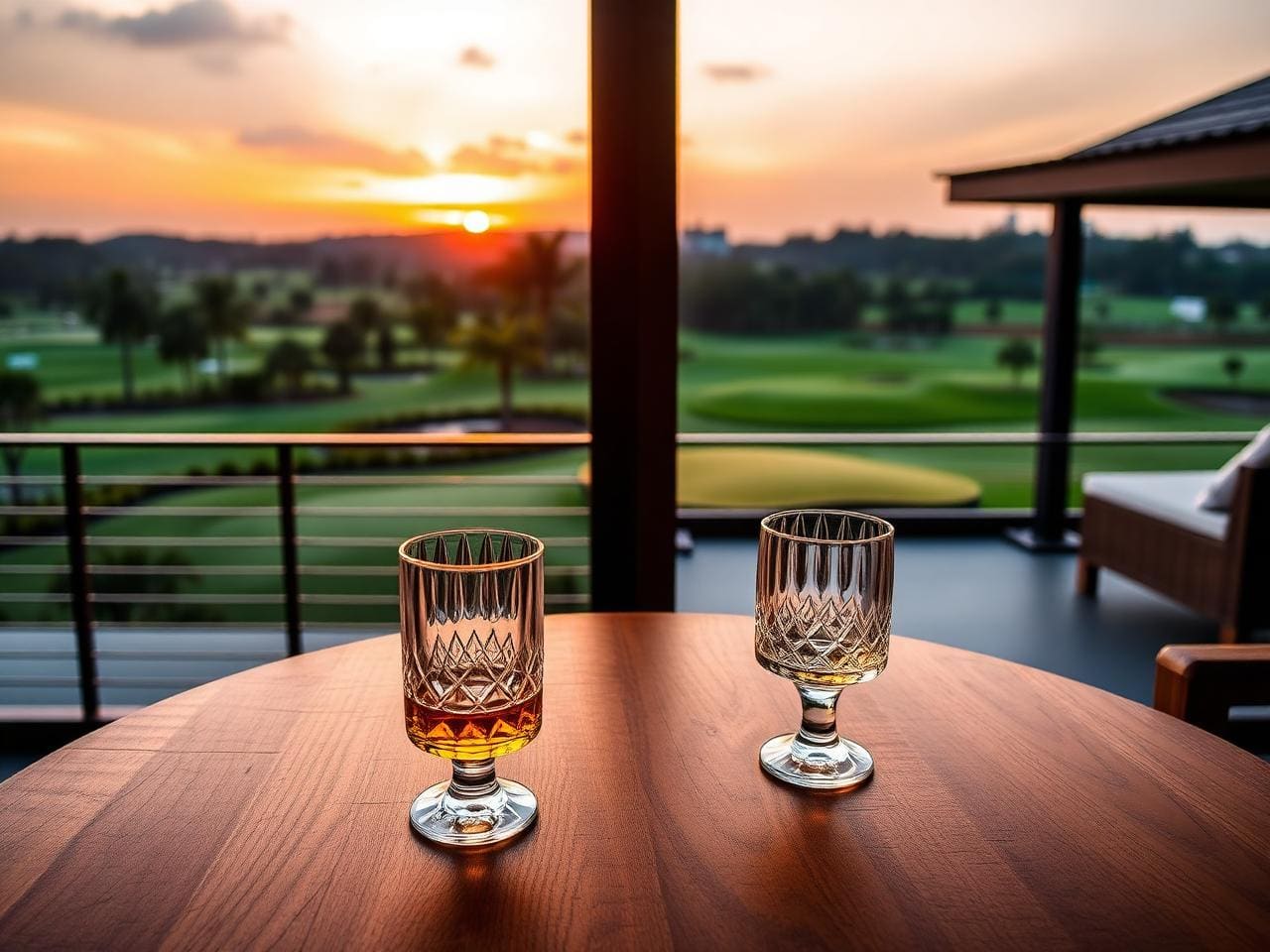 Members-only clubhouse veranda set for a two-person lunch overlooking the eighteenth green, single waiter back-to-camera with wine list.