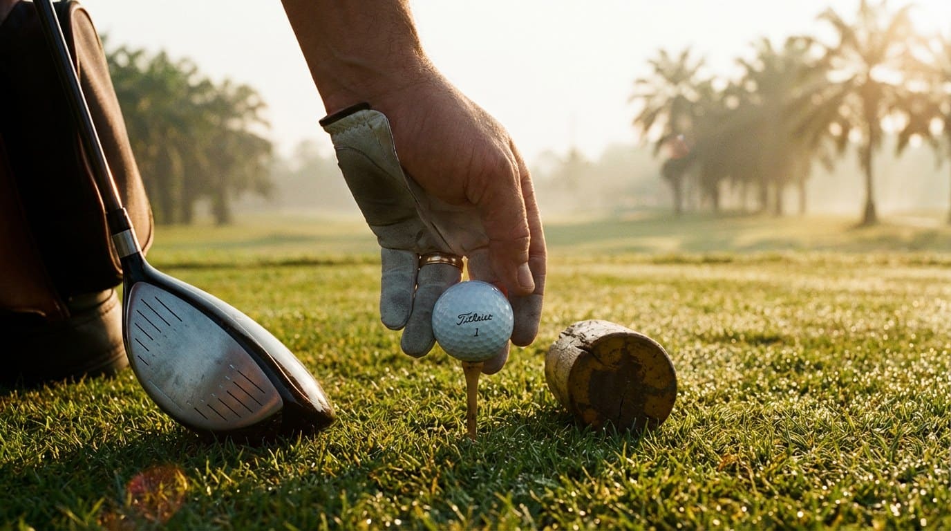 Editorial close-up of a guest’s hand placing a Pro V1 ball on a wooden tee at dawn on a championship Bangkok course, dewy fairway in soft focus, polished driver head leaned in frame edge.