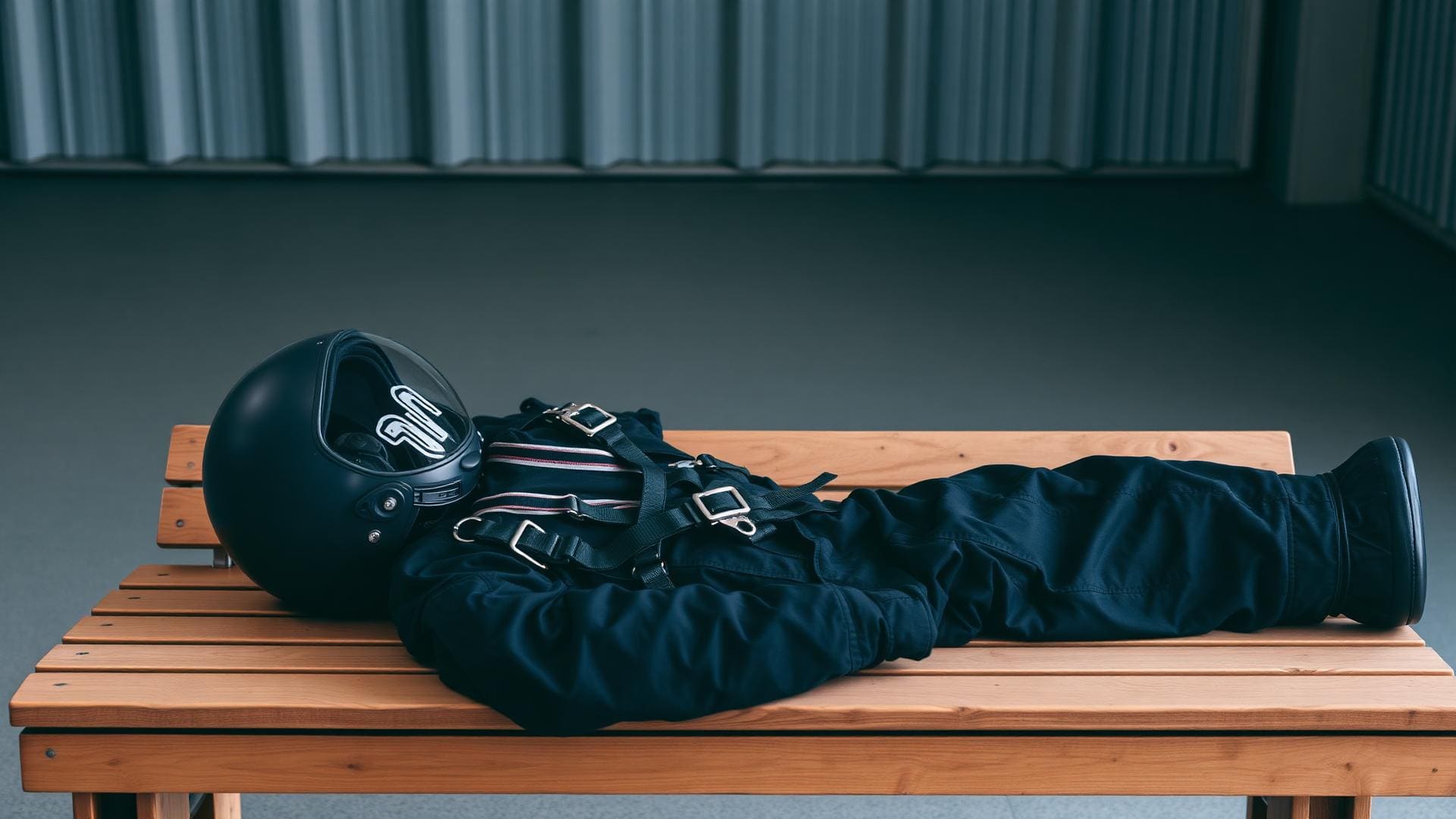 Black tandem skydiving harness with chrome buckles and a matte black helmet with smoked visor laid out on a polished walnut hangar bench, soft warm side light.