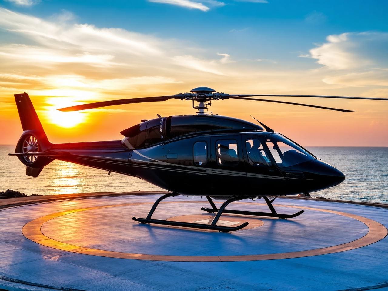 Polished black private helicopter on a coastal helipad at a luxury Pattaya drop zone at golden hour, dramatic ocean backdrop.