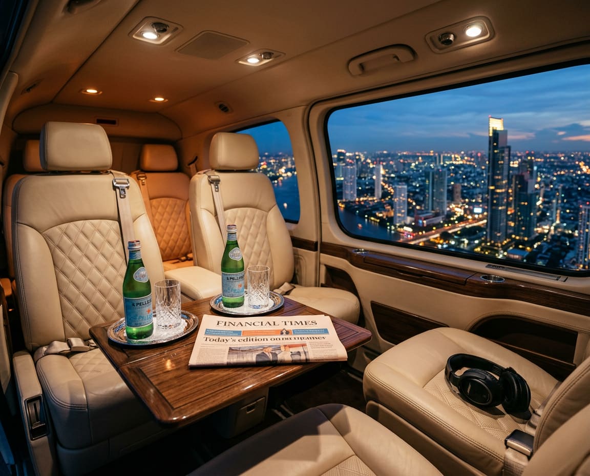 Cream leather executive helicopter cabin with walnut tables, chilled water, folded Financial Times, and Bangkok skyline through the side window at dusk.