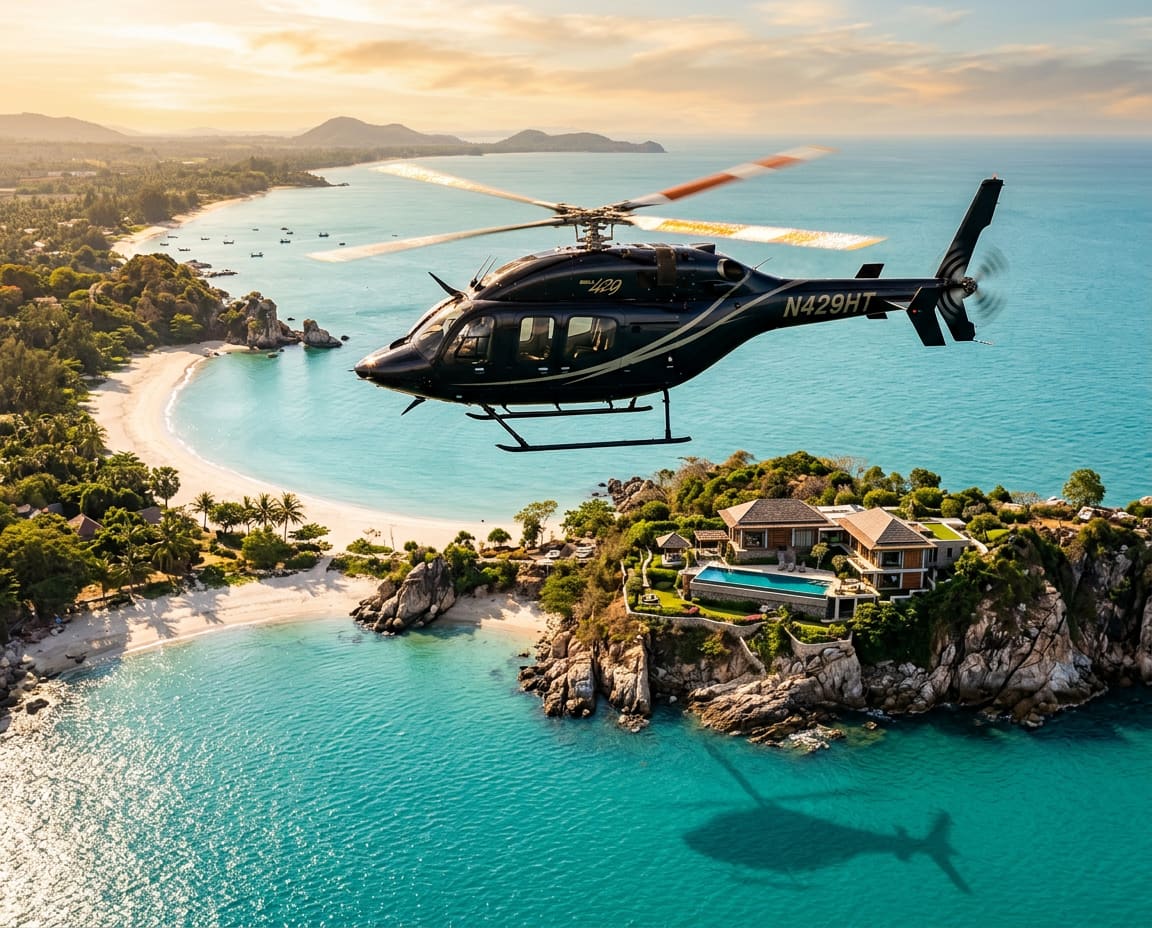 Obsidian-black Bell 429 helicopter flying low over the Gulf of Thailand near Hua Hin at golden hour, white beach and a cliffside villa below.