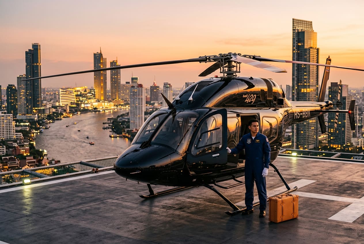 An obsidian-black Bell 429 helicopter on a private Bangkok rooftop helipad at golden hour, Chao Phraya skyline behind, uniformed Thai pilot beside the open cabin door, single tan suitcase on the helipad.