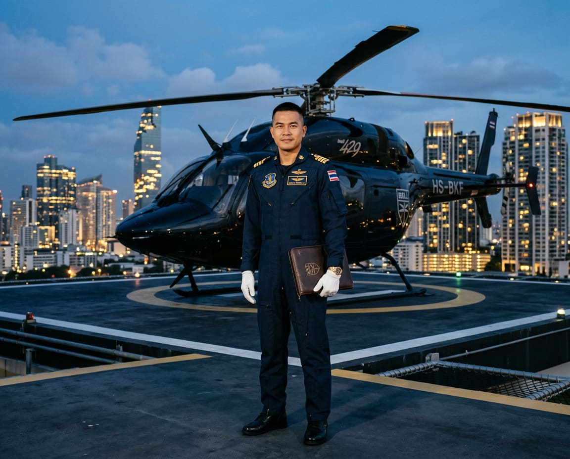 Thai helicopter pilot in navy flight suit and white gloves standing on a Bangkok rooftop helipad at blue hour beside an obsidian-black Bell 429.