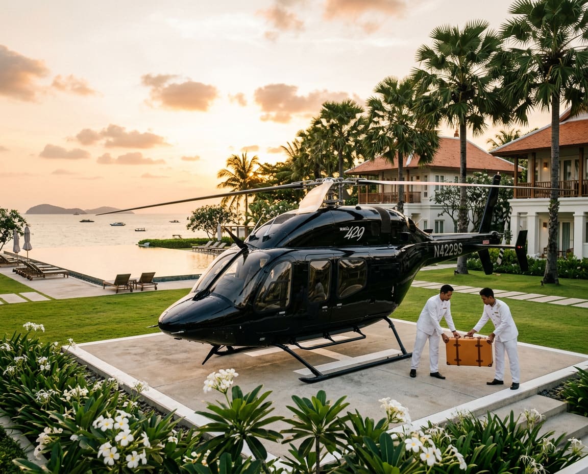 Obsidian-black Bell 429 helicopter on a private helipad of a Hua Hin beachfront resort at sunset while staff lift tan suitcases from the aircraft.