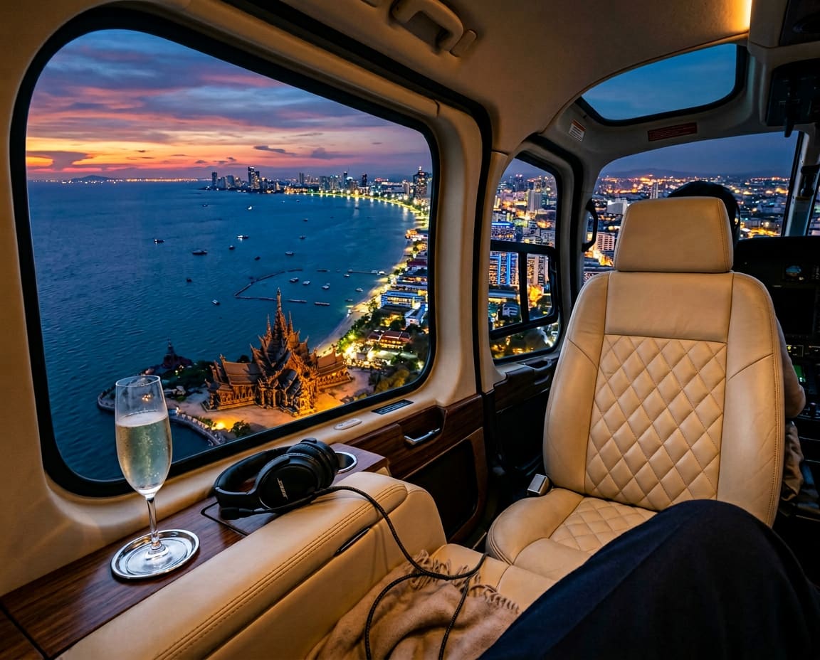 View from inside a luxury helicopter cabin over Pattaya coast at dusk, champagne flute on the ledge, headset on cream leather seat, city lights below.