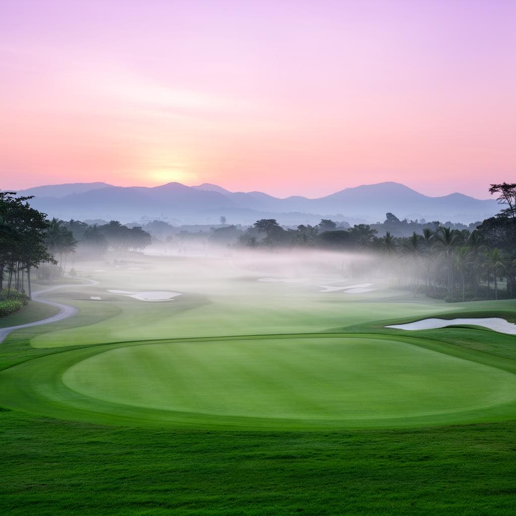 Hua Hin championship golf course at dawn with morning mist over the manicured fairway.