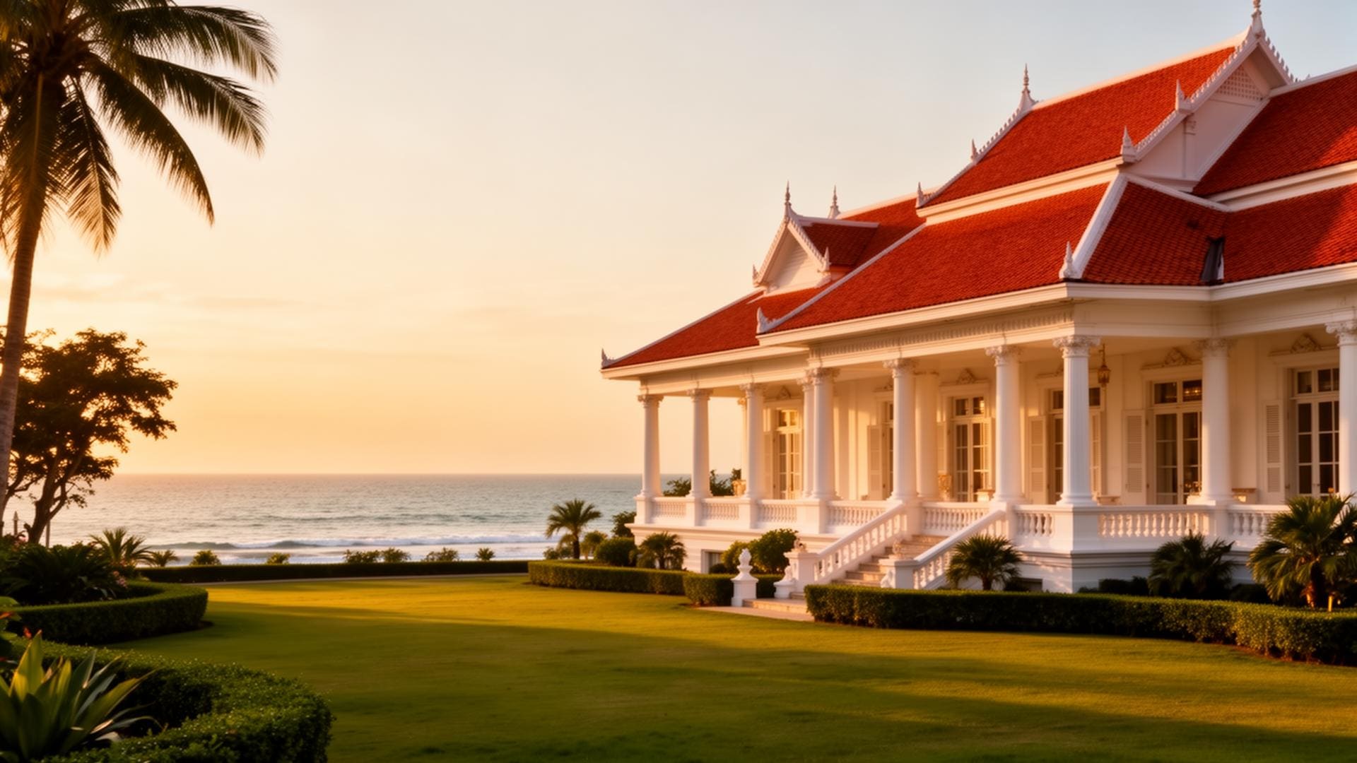 Colonial-era luxury hotel in Hua Hin with white columns and red-tiled roof at golden hour.