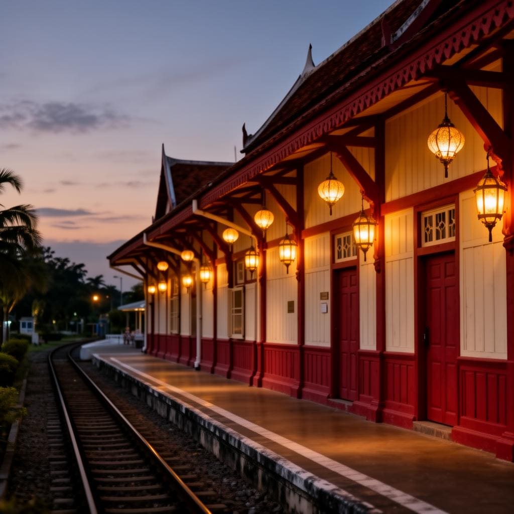 Hua Hin's historic wooden railway station at dusk, lit by warm lanterns.