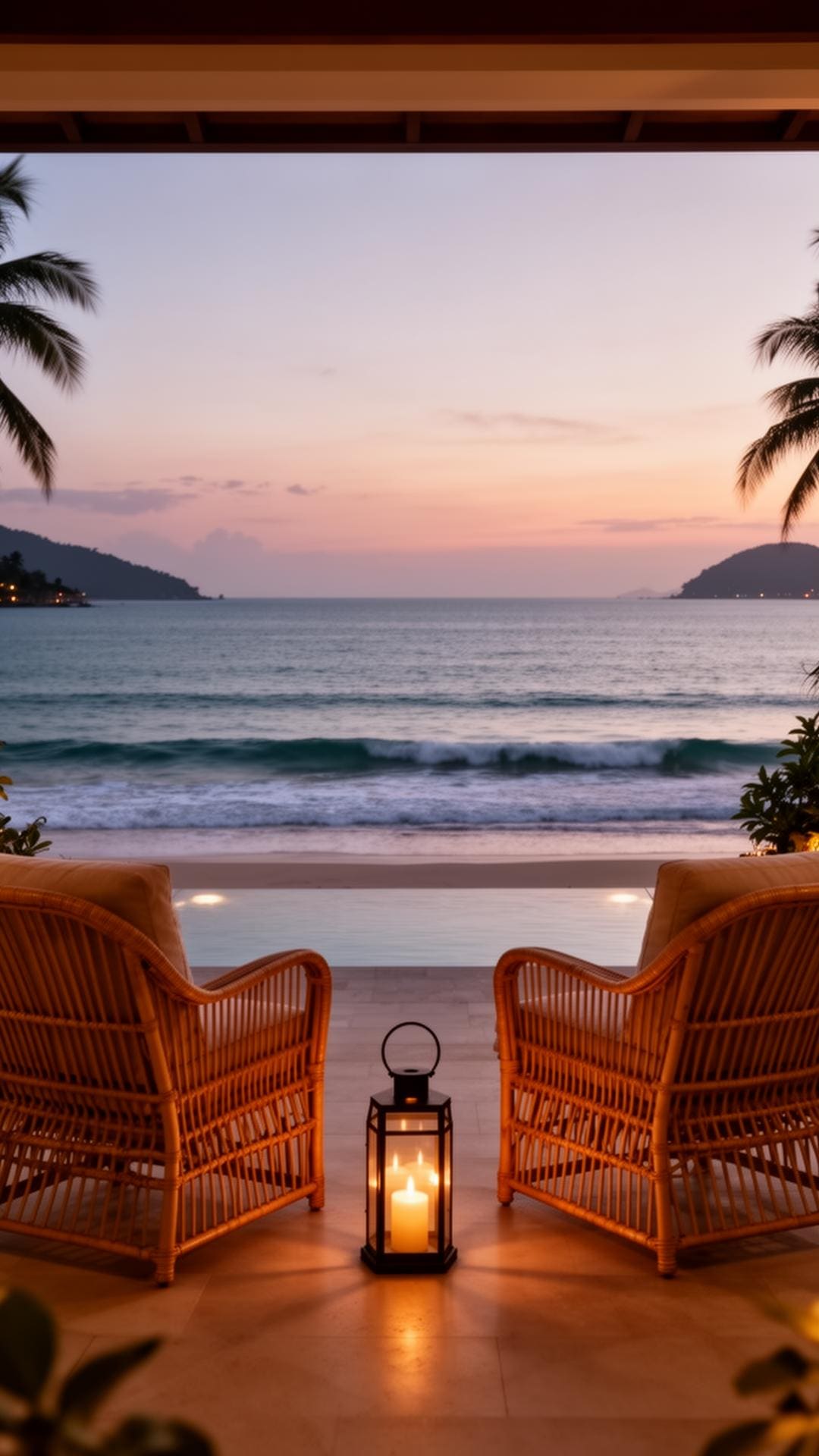 Private villa terrace at dusk with two rattan armchairs facing the Gulf of Thailand and a candlelit lantern.
