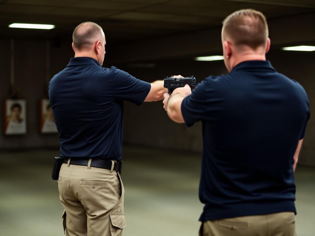Ex-military instructor in dark polo and tan tactical pants demonstrating a two-handed pistol grip from behind to a student at an indoor shooting range, both shown back-to-camera, no faces visible.