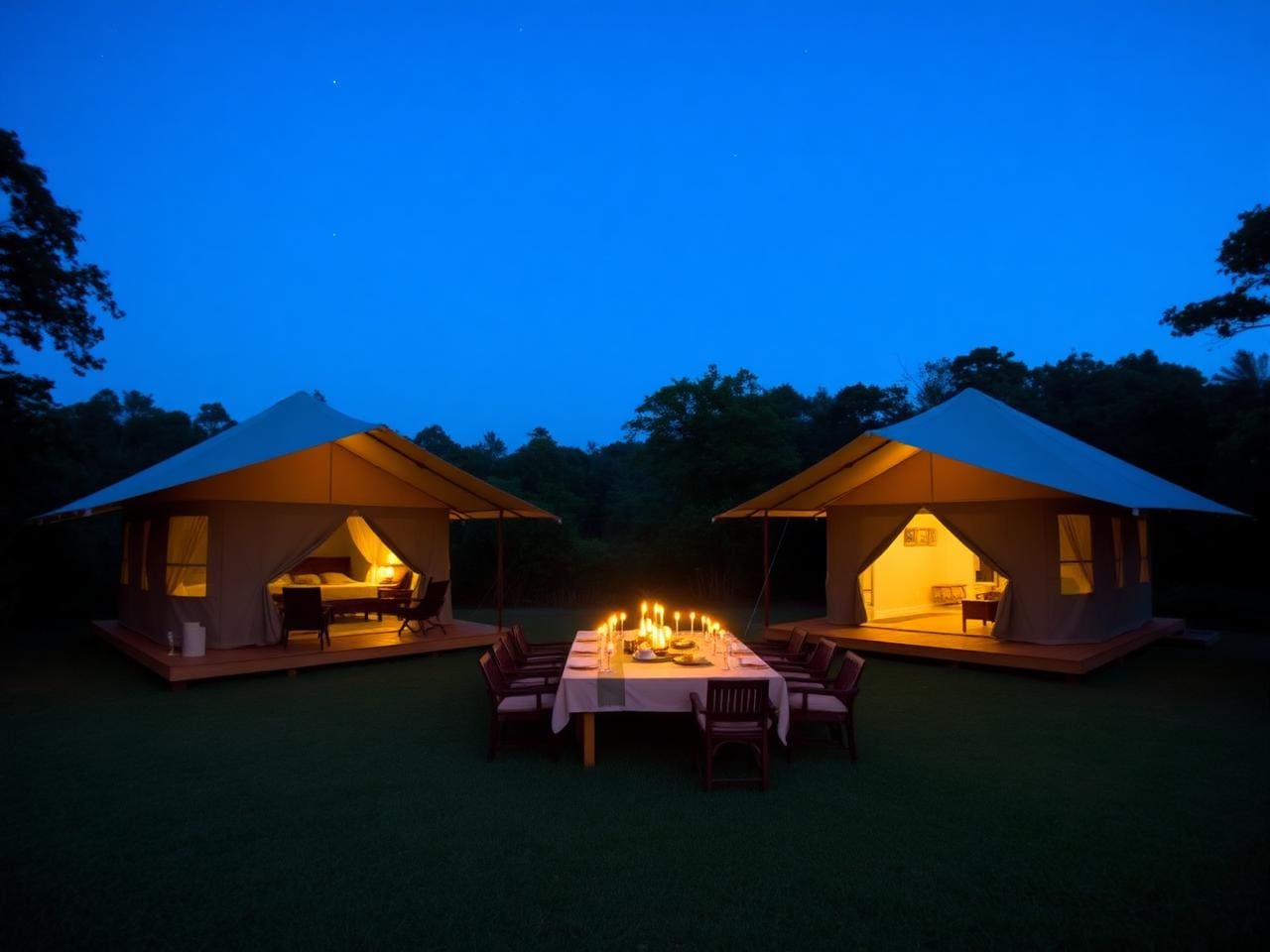 Two large canvas safari tents lit warmly at dusk in a private Khao Yai jungle clearing, a long candlelit dining table for eight set on the lawn between them, stars beginning to appear.