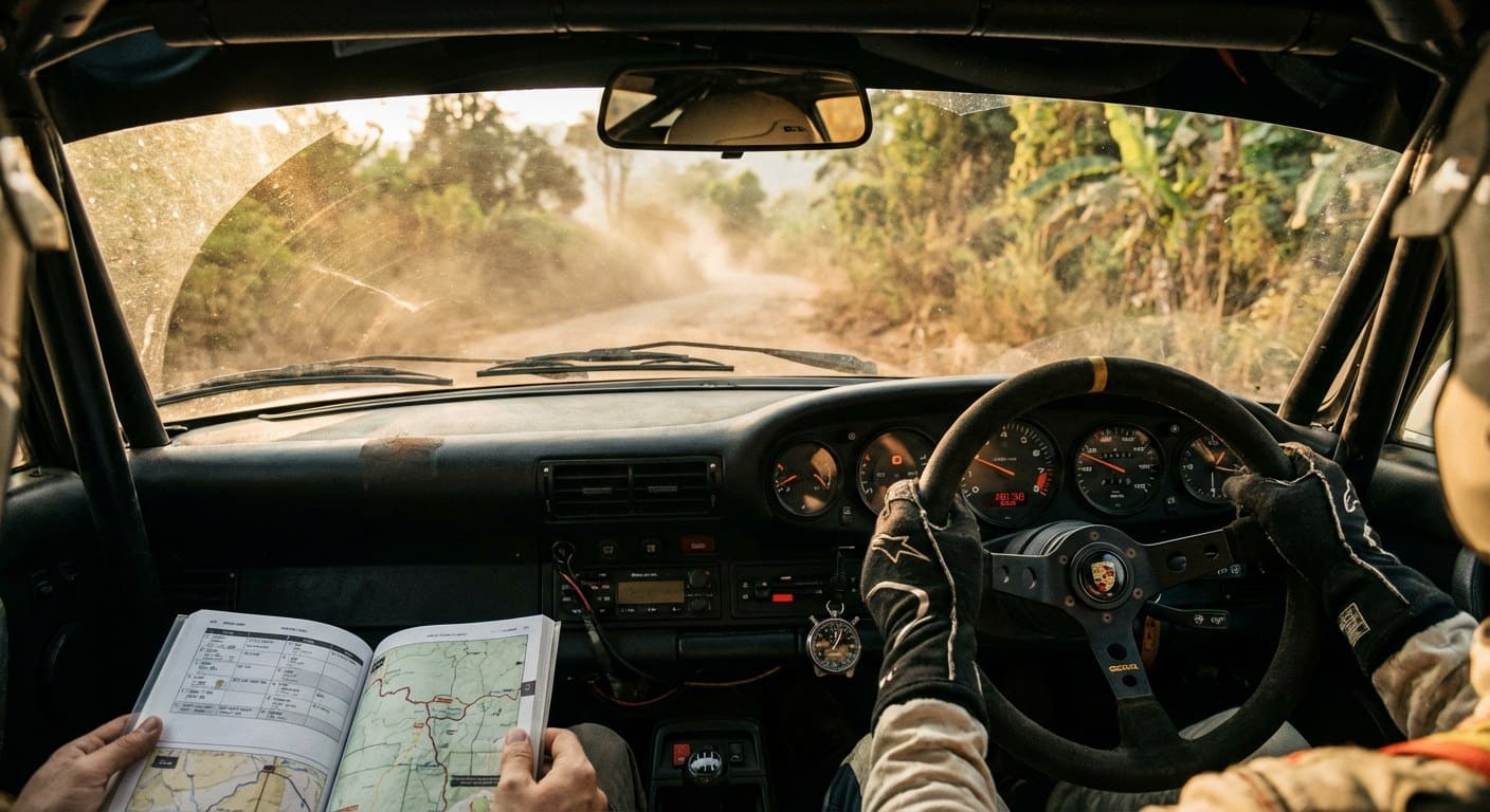 Driver’s POV from inside a rally buggy cockpit, gloved hands on the wheel, jungle trail rushing toward a forested ridge in Khao Yai, motion blur on the periphery.
