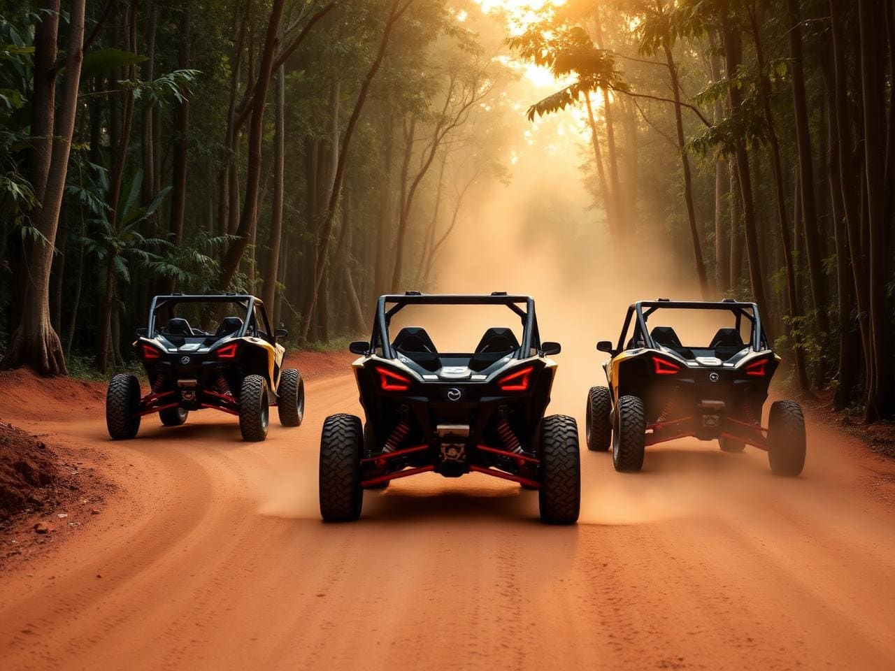 Three Can-Am Maverick X3 rally buggies in formation on a red dirt trail in Khao Yai, viewed from behind, dust trails behind them, late afternoon light through tall jungle canopy.
