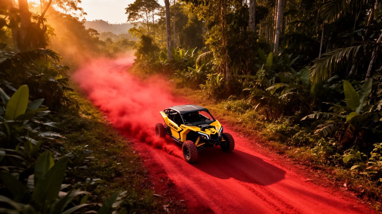 Yellow Can-Am Maverick X3 rally buggy kicking up red dust on a jungle backcountry trail in Khao Yai National Park, Thailand, golden hour, no other vehicles.
