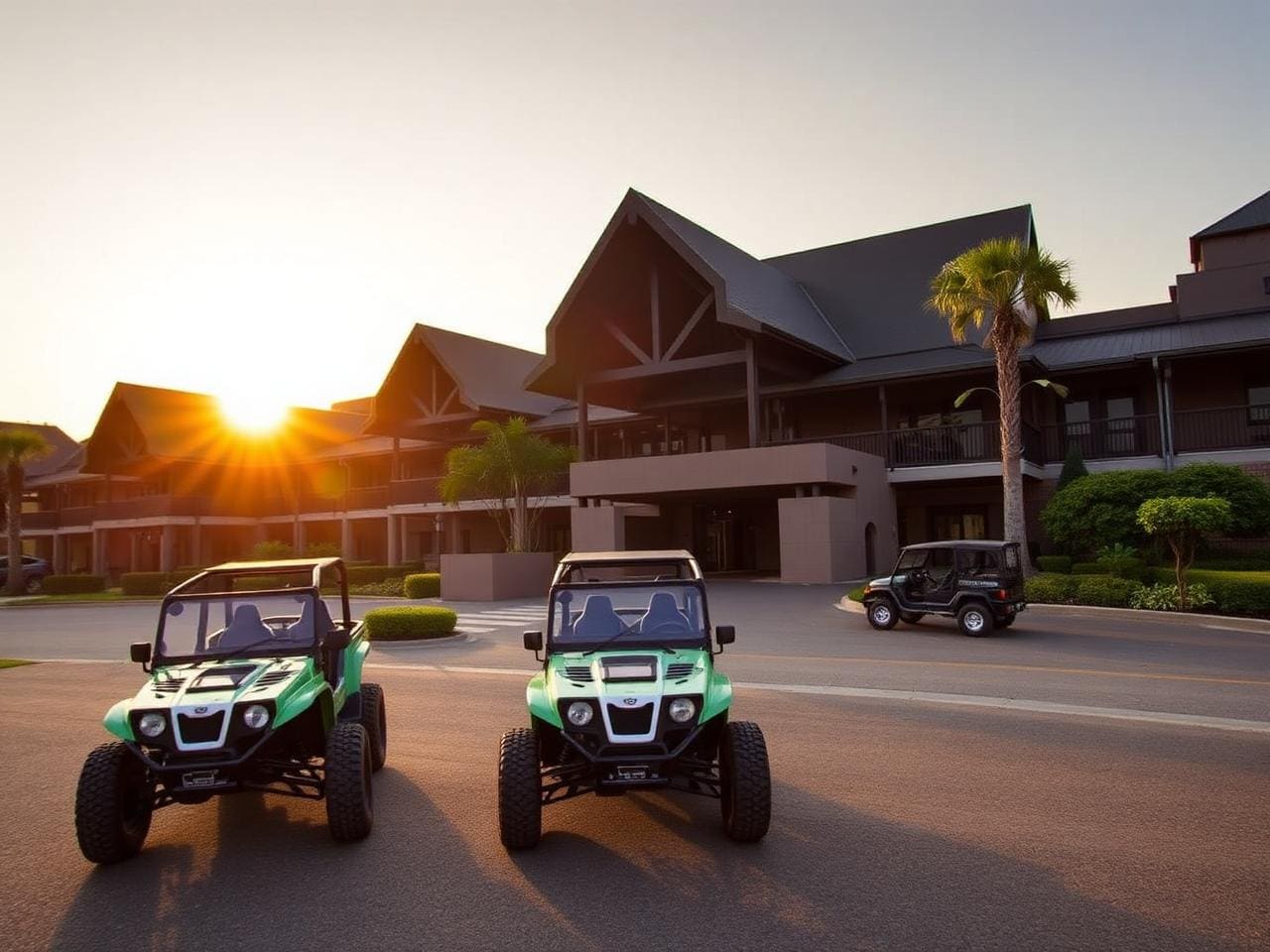 Three rally buggies parked in front of the InterContinental Khao Yai Resort entrance at golden hour, the resort’s distinctive train-carriage architecture visible behind, no people.