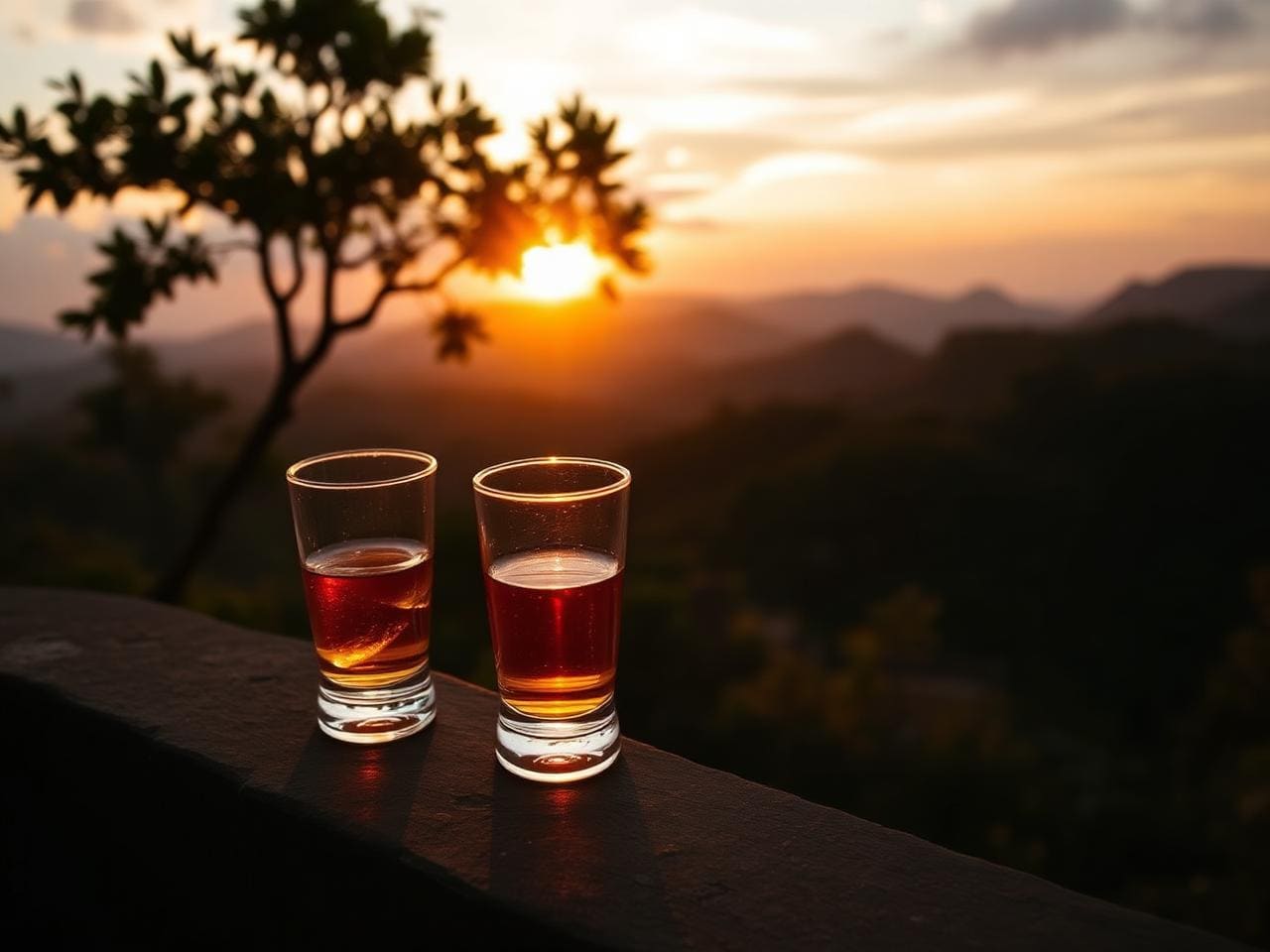 Two glasses of single malt whisky on a low stone wall at a Khao Yai jungle viewpoint at sunset, mountains rolling into the distance, warm cinematic light.