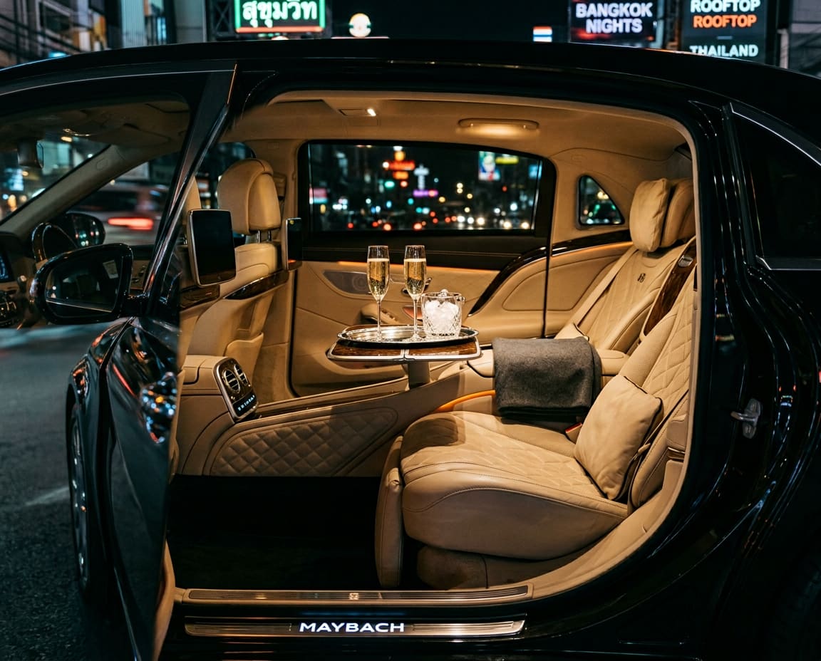 Maybach rear cabin at night with cream leather, champagne flutes on a silver tray, cashmere throw, and warm Bangkok street lights beyond the open door.
