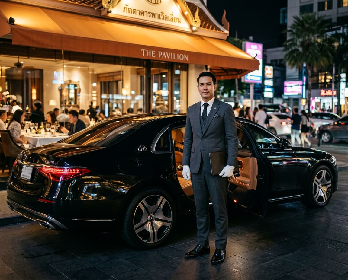 Thai chauffeur in charcoal three-piece suit and white gloves standing beside the open rear door of a Maybach outside an upscale Bangkok restaurant at night.