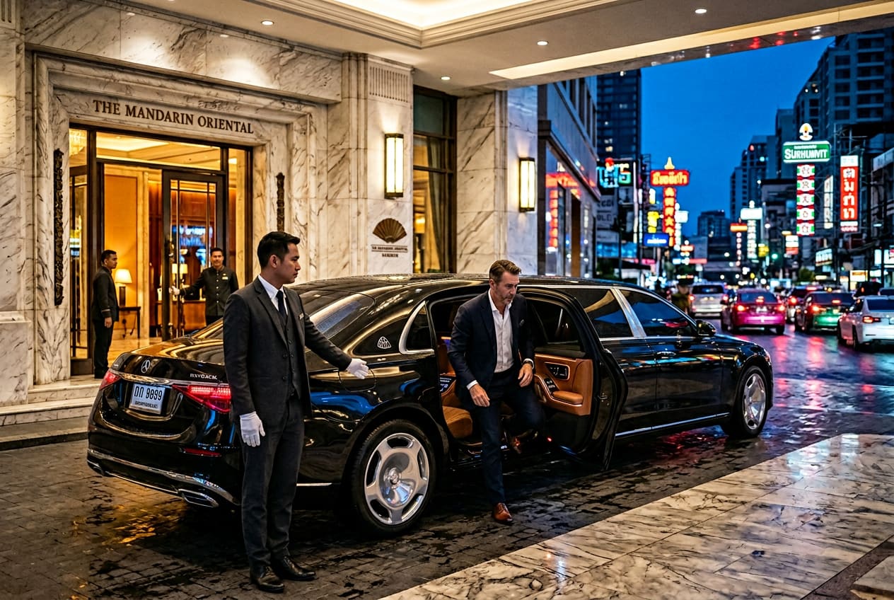 An obsidian-black Mercedes-Maybach S-Class under the marble porte-cochère of a Bangkok hotel at blue hour, Thai chauffeur holding the rear door open for a guest in evening dress.