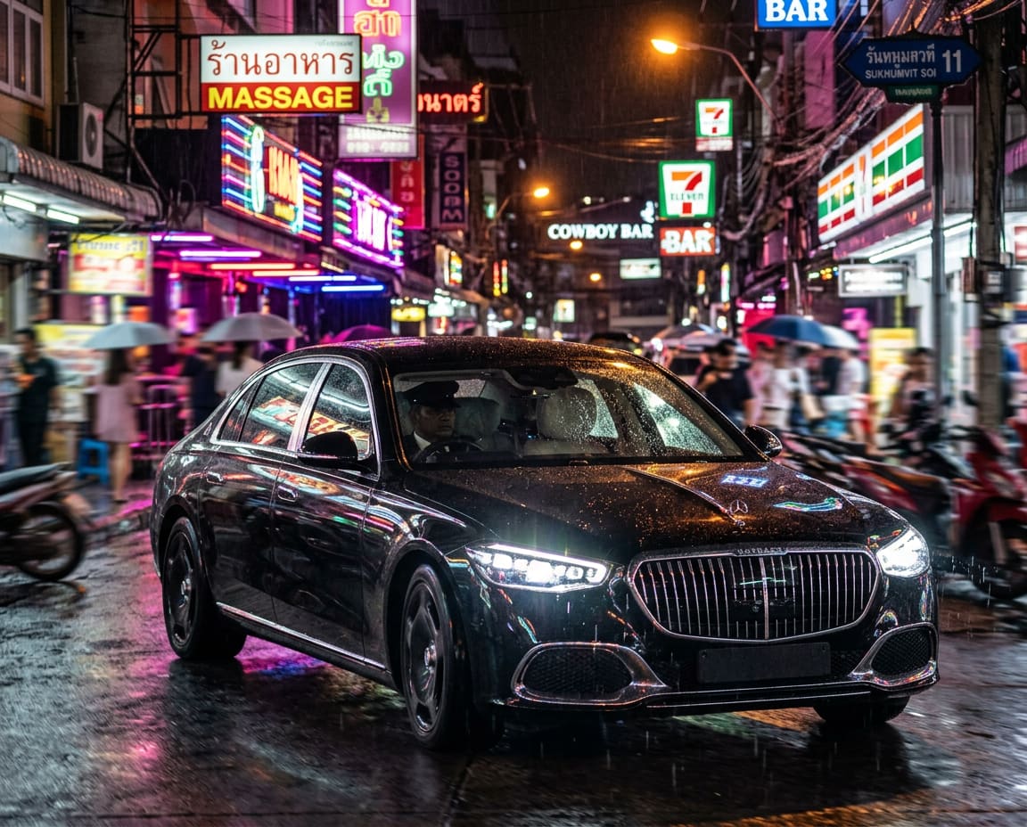 Obsidian-black Mercedes-Maybach S-Class moving slowly along a neon-lit Bangkok street in light rain at night.