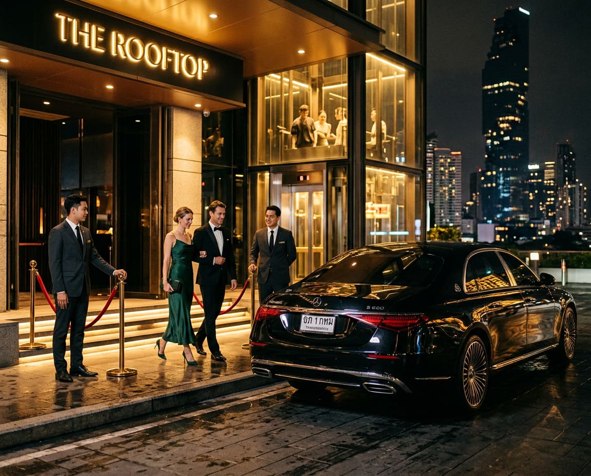 Obsidian-black Mercedes-Maybach S-Class waiting outside a rooftop venue while an elegant couple walks toward the entrance under warm city lights.