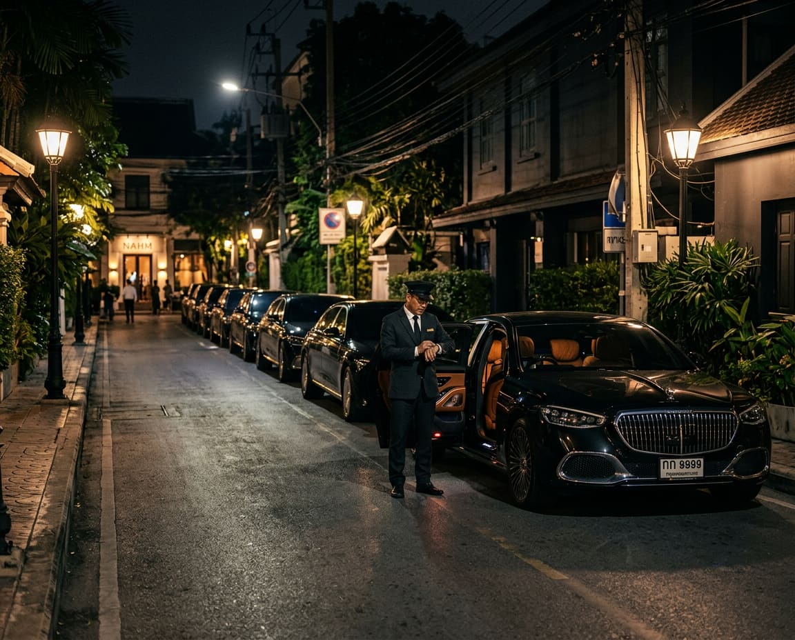 A row of black Maybach sedans on a quiet Bangkok side street at midnight, one chauffeur checking his watch beside an open rear door.