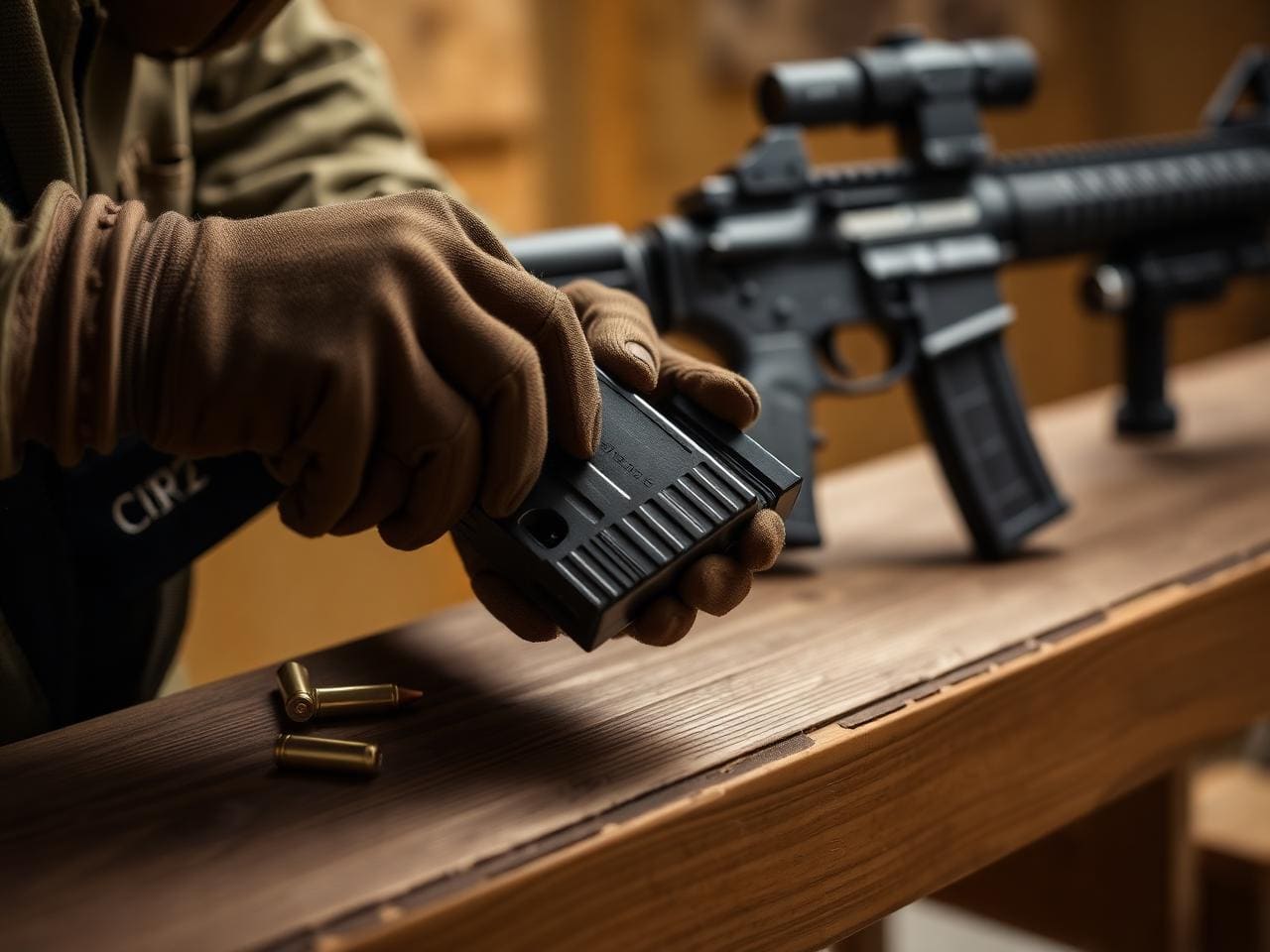 A man’s hands in tactical gloves loading rounds into a Glock magazine on a wooden range bench, AR-15 and ear protection visible in soft focus, warm range lighting, no faces.
