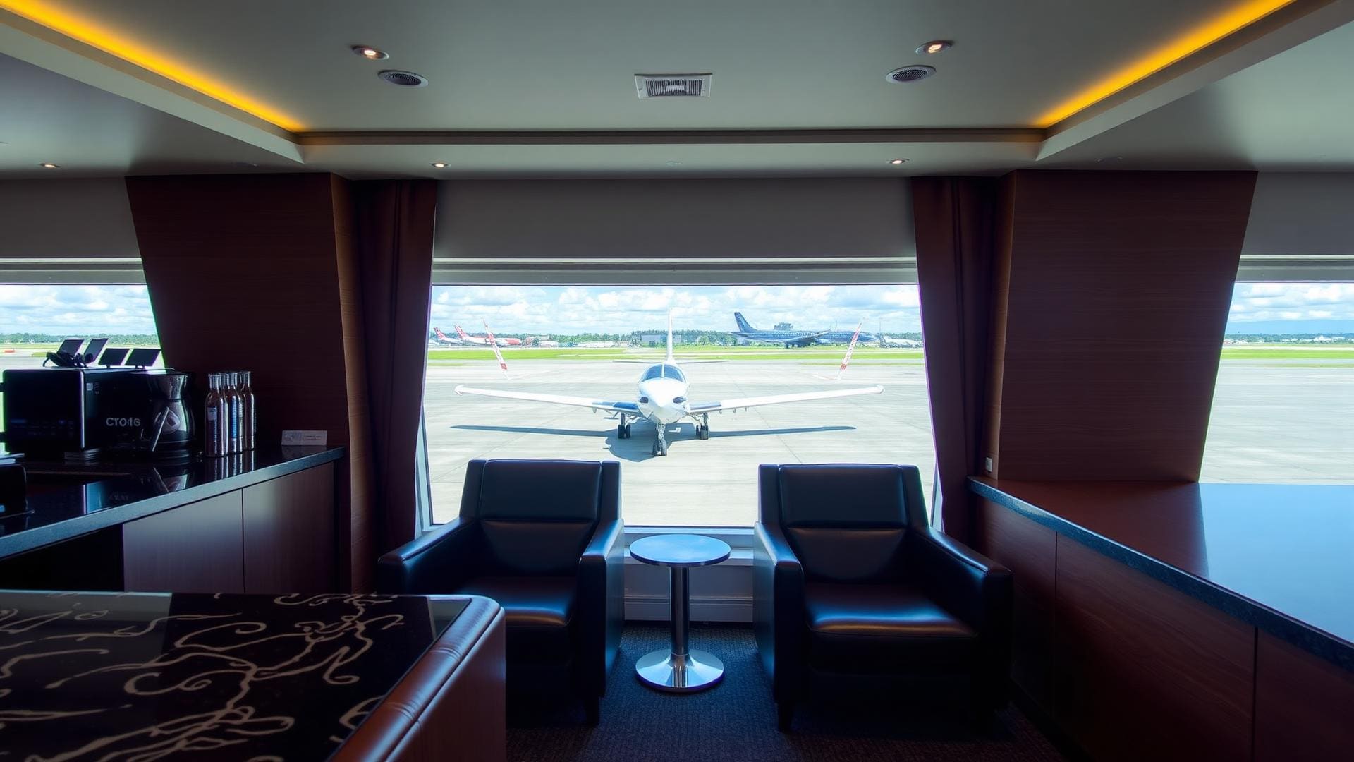 A weathered teak whisky bar inside a private gun-club lounge — two crystal glasses of single malt poured, a humidor and a leather Chesterfield sofa in soft focus background, warm amber lighting.