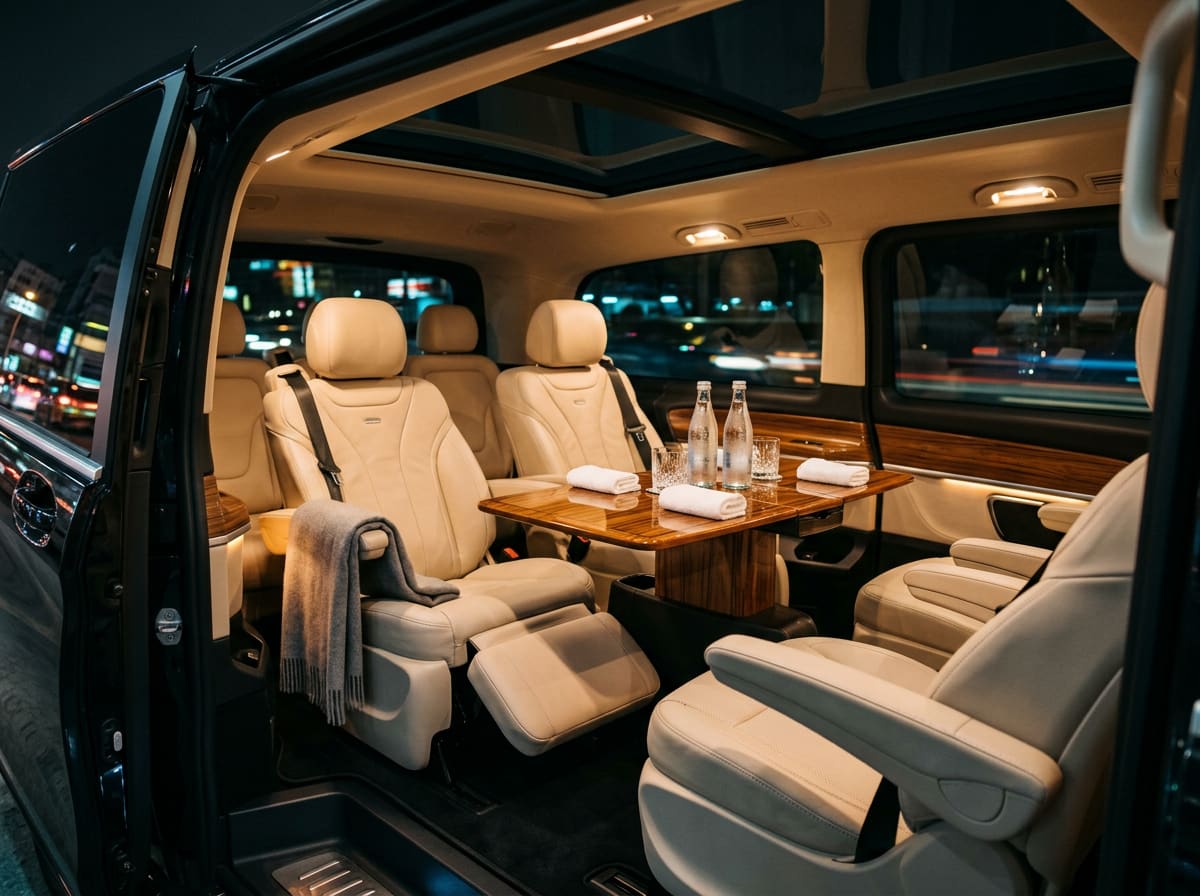 Interior of a top-spec Mercedes-Benz V-Class viewed from the open rear sliding door — two rows of cream nappa-leather captain's chairs in a club-four configuration around a polished walnut table, footrests extended, panoramic glass roof, two chilled bottles of still water and folded white linen towels set out, Bangkok streetlights blurred through tinted privacy windows.