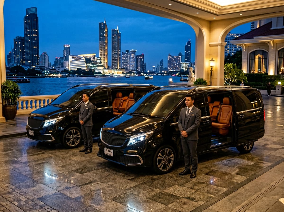 Two obsidian-black Mercedes V-Class vans parked nose-to-tail on the granite driveway of a Bangkok riverside hotel at blue hour, both rear doors open with chauffeurs waiting, lit Bangkok skyline across the Chao Phraya beyond.