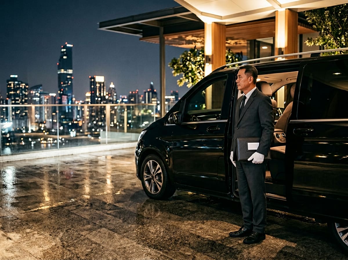 Uniformed Thai chauffeur holding a discreet black leather folio under the porte-cochère of a private Bangkok rooftop venue at night, beside an obsidian-black Mercedes V-Class with rear door open, mirror-wet granite reflecting the city lights.