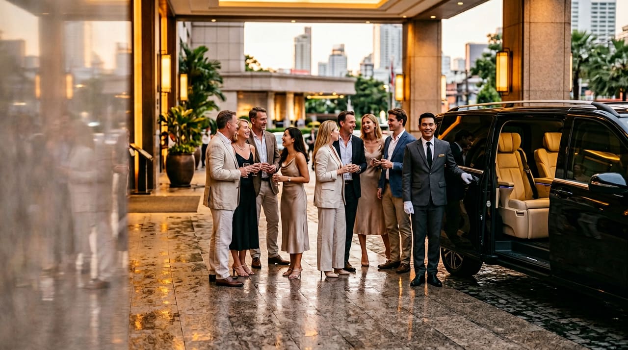 Eight well-dressed Western adults in linen and silk gathered at golden hour beside a long, gleaming obsidian-black Mercedes-Benz V-Class on the wet granite kerb of a Bangkok hotel porte-cochère, a uniformed Thai chauffeur in a charcoal suit and white gloves holding the rear sliding door open to reveal cream nappa-leather captain's chairs.