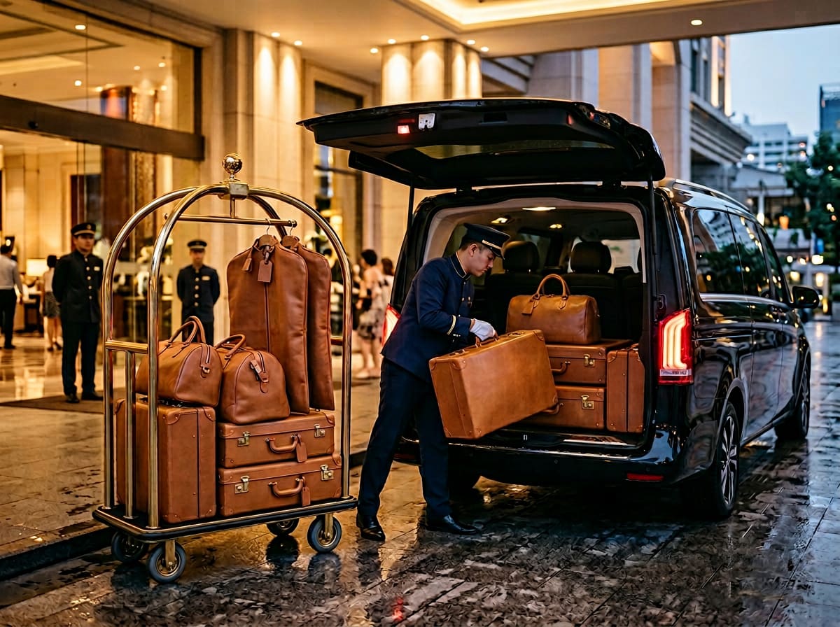 Uniformed Thai bellman in white gloves loading matched tan leather luggage — six suitcases, three weekend bags, two garment bags — from a polished brass hotel trolley into the cavernous rear cargo of an obsidian-black Mercedes V-Class at a Bangkok hotel porte-cochère at dusk.