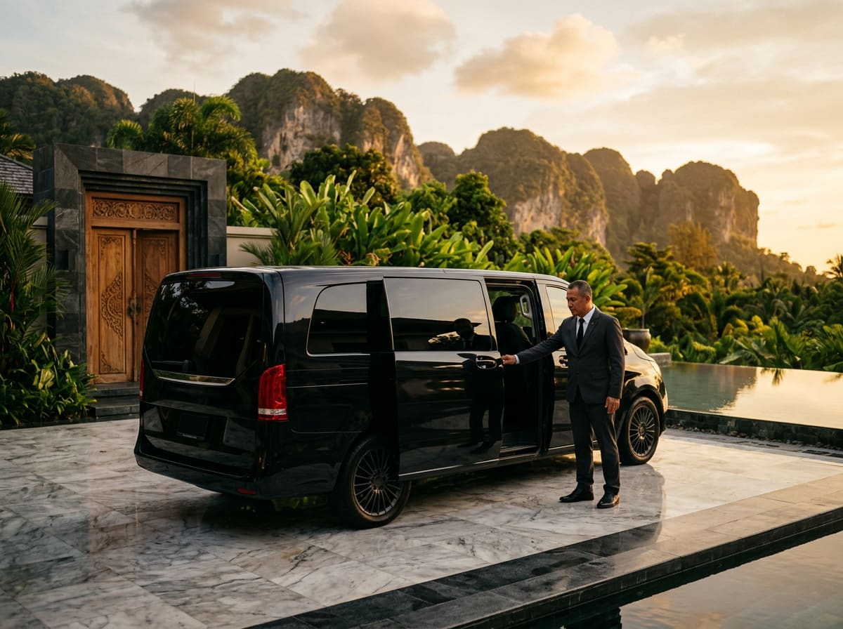Sleek obsidian-black Mercedes V-Class parked on the polished marble forecourt of a private pool villa in southern Thailand at sunset, limestone karst peaks behind, infinity pool reflection to one side, uniformed Thai chauffeur closing the rear sliding door.