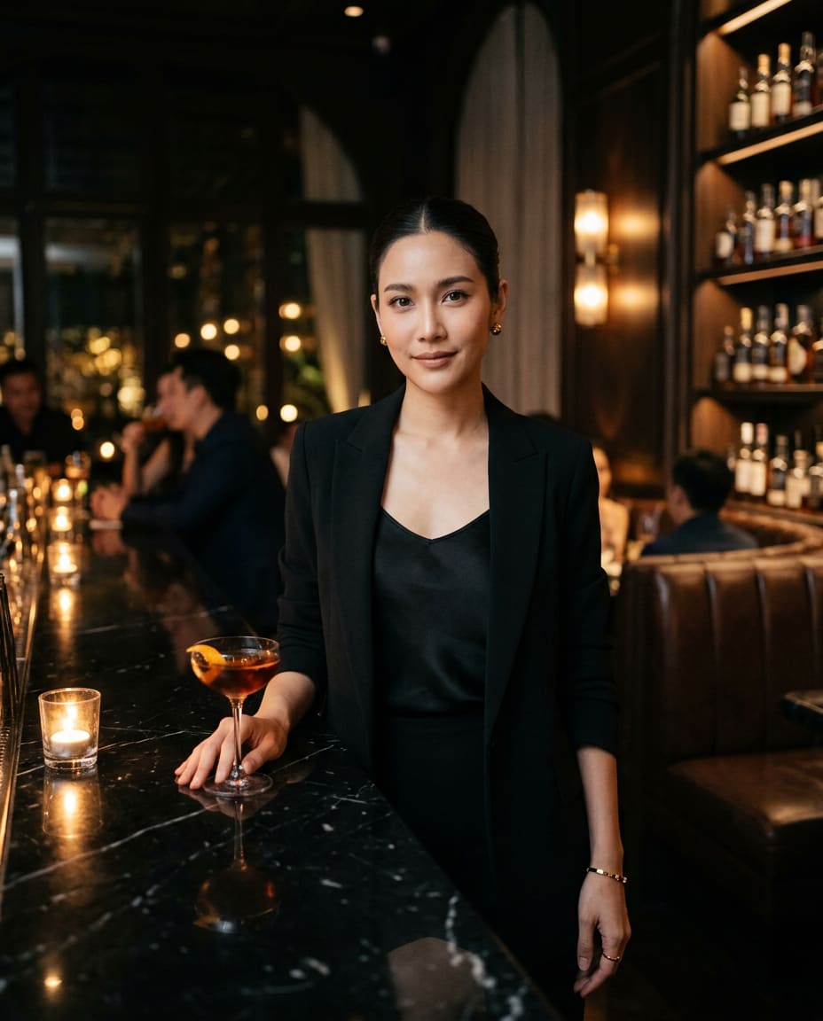 Friend in a tailored blazer at a candlelit marble bar