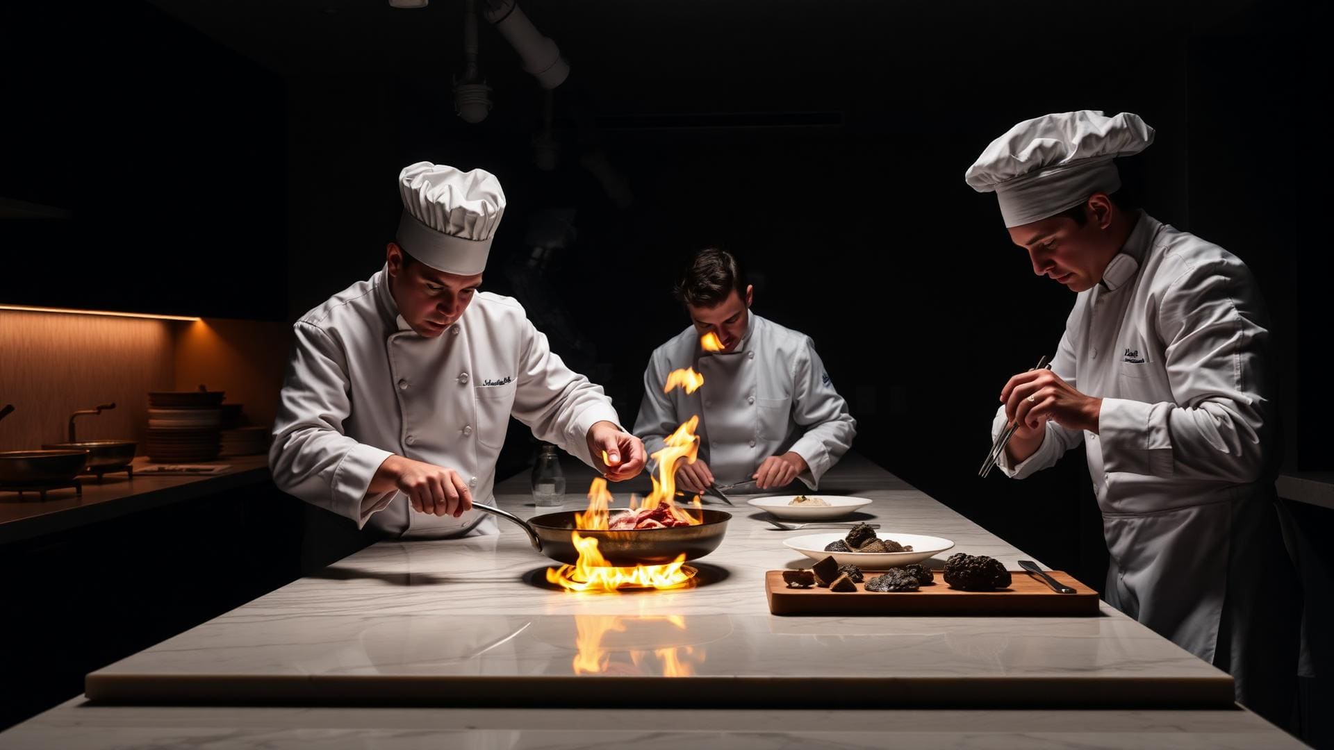 Five chefs in pressed whites plating in unison at a temporary chef’s pass set up in a private villa kitchen, no diners visible.