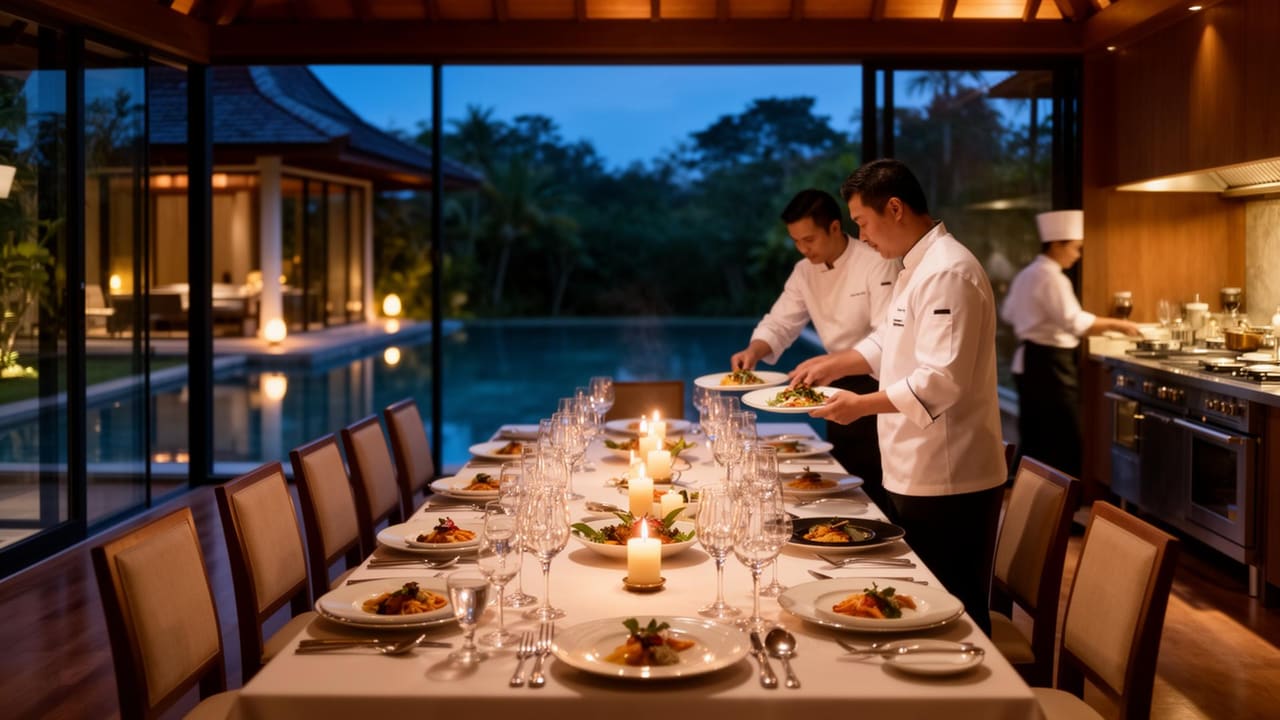 Michelin-starred chef in pressed whites plating a tasting course on a long teak table set on a private villa terrace at dusk, master sommelier pouring wine in the background, Thailand.