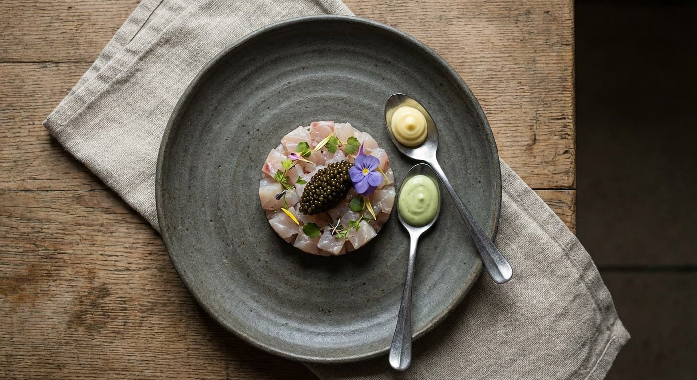 Single tasting course plated on dark hand-thrown ceramic — gold-leaf garnish, micro herbs, two-spoon sauce composition, top-down shot.