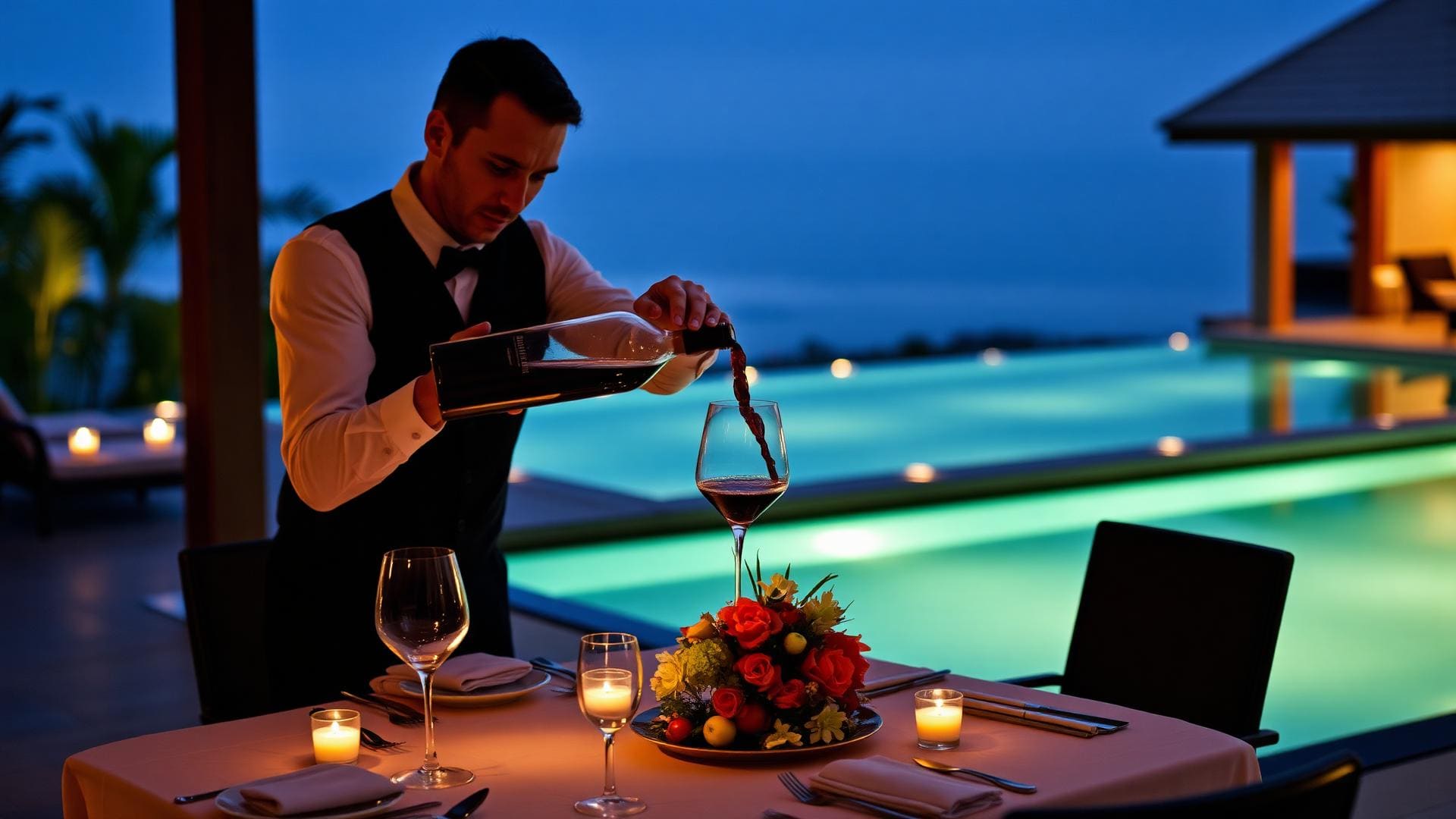 Master sommelier in black tie decanting an aged Burgundy at the side of a teak dining table, candlelight, no other people in frame.