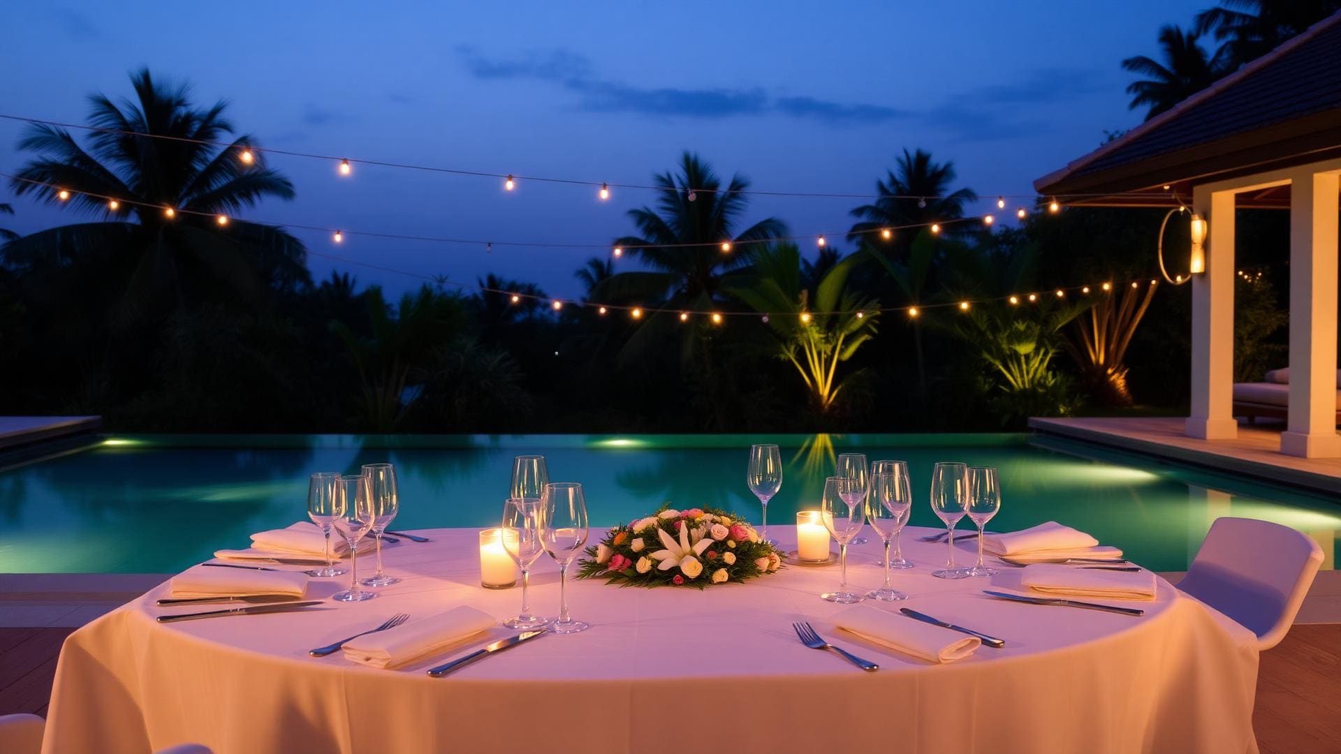 Long teak dinner table set for twelve on a private villa terrace at dusk, infinity pool reflecting candlelight, two service staff back-to-camera.