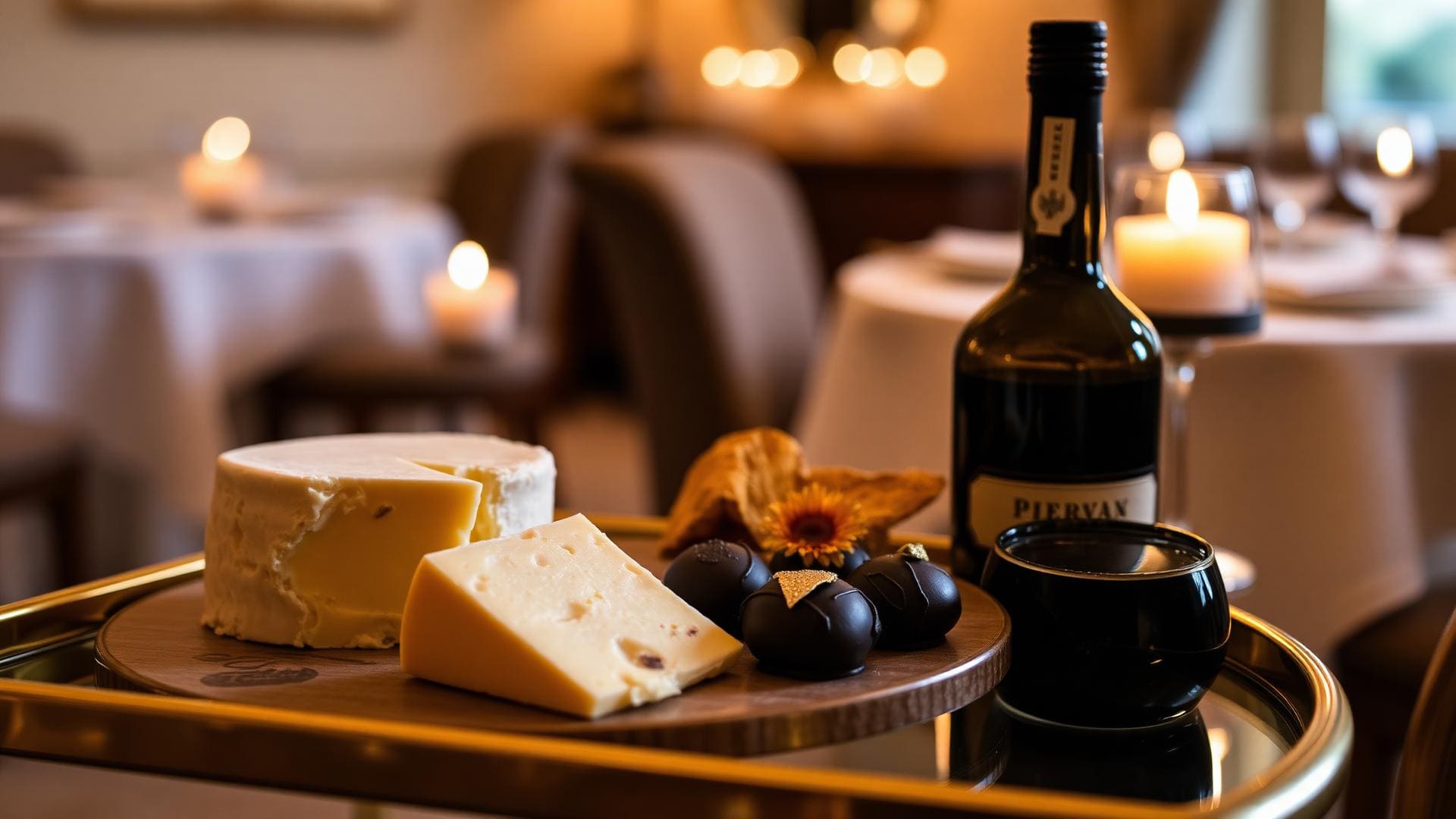 Cheese and digestif trolley wheeled into a candlelit villa dining room — aged comté, sauternes, a single carved ice block, no diners visible.