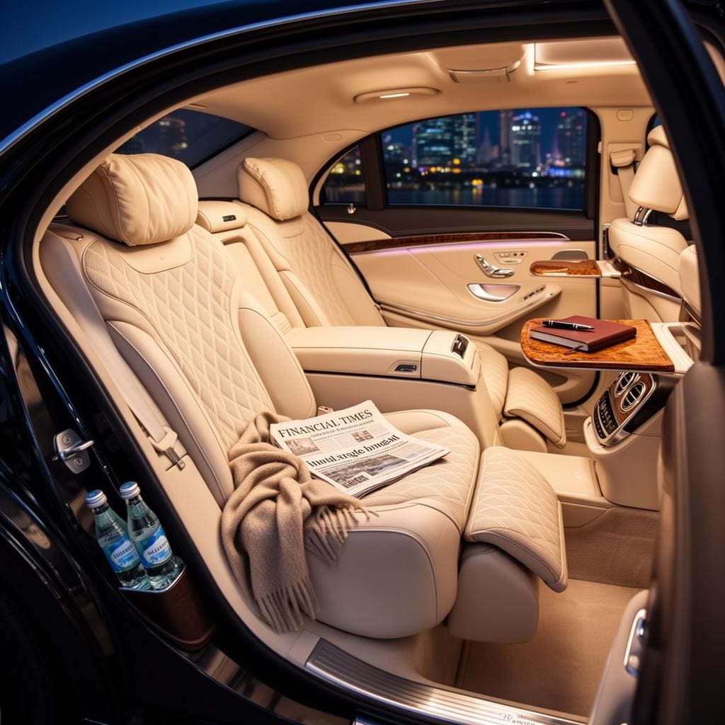 Mercedes-Maybach S-Class rear cabin viewed from the open rear door at night — quilted cream nappa-leather executive seat fully reclined with extended footrest, folded cashmere throw, two chilled bottles of mineral water in the door pocket, today's Financial Times on the burl-walnut tray table.