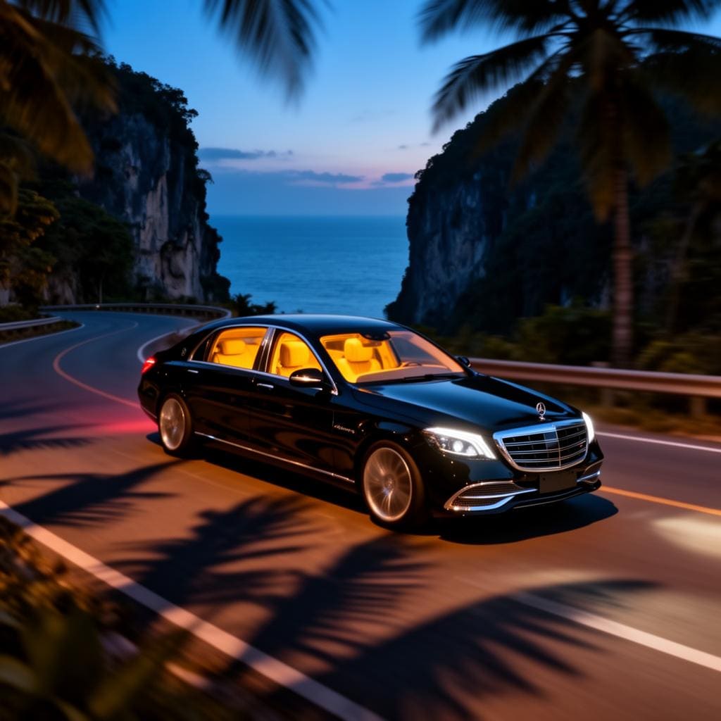 Polished obsidian-black Mercedes-Maybach S-Class on a quiet Phuket coastal road at blue hour, the Andaman Sea visible through a gap in the limestone cliffs, headlights on, warm amber cabin light glowing through the privacy windows.