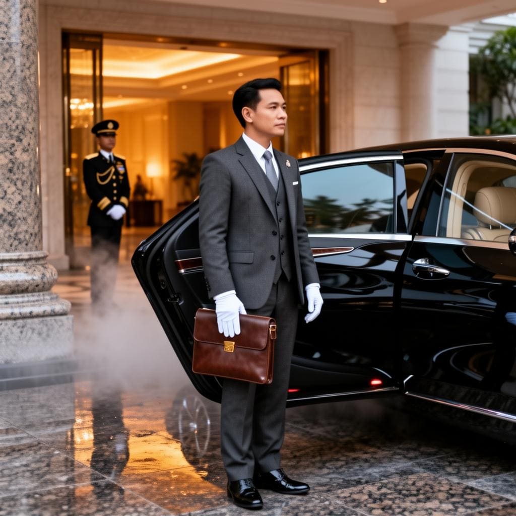 Uniformed Thai chauffeur in a charcoal three-piece suit and white gloves holding a discreet leather day-folio under the porte-cochère of a Bangkok hotel at early morning, mist on the wet granite, beside the open rear door of an obsidian-black Mercedes-Maybach S-Class.