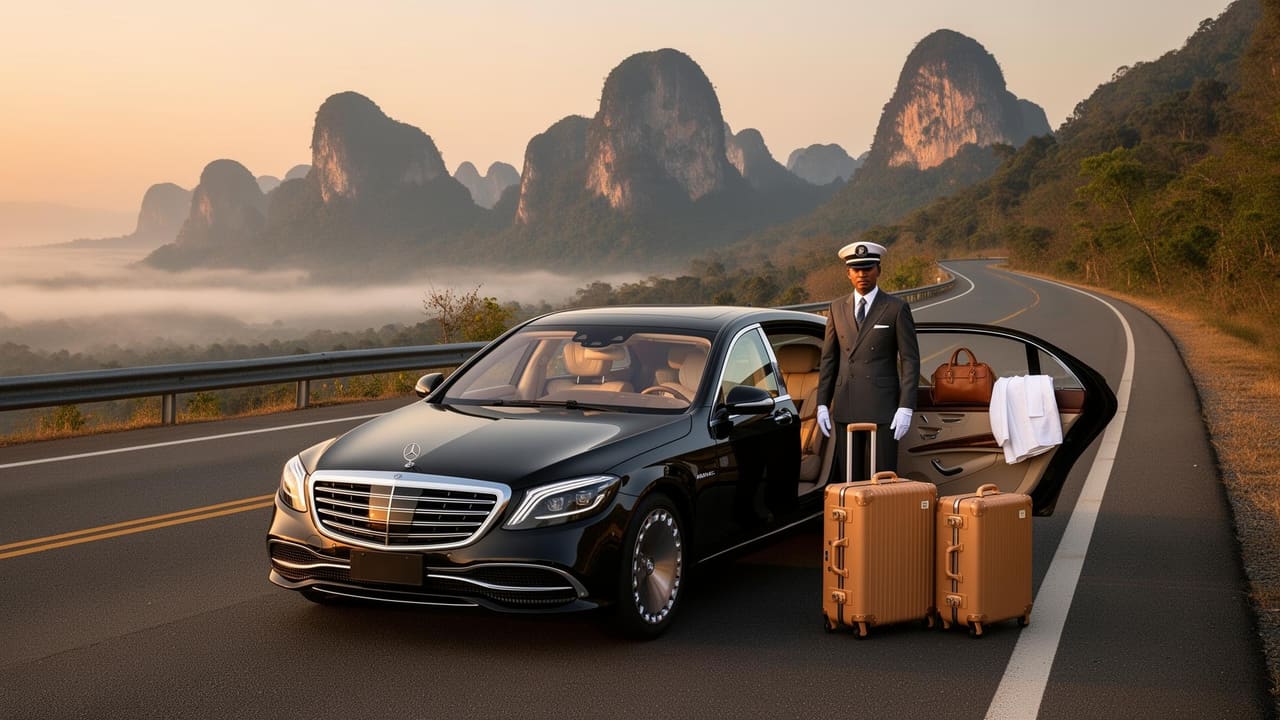 An obsidian-black Mercedes-Maybach S-Class on a sweeping mountain coastal highway in southern Thailand at sunrise, limestone karst peaks and morning mist behind, a uniformed Thai chauffeur in charcoal suit and white gloves standing beside the open rear door, two matched tan Globe-Trotter suitcases on the verge.