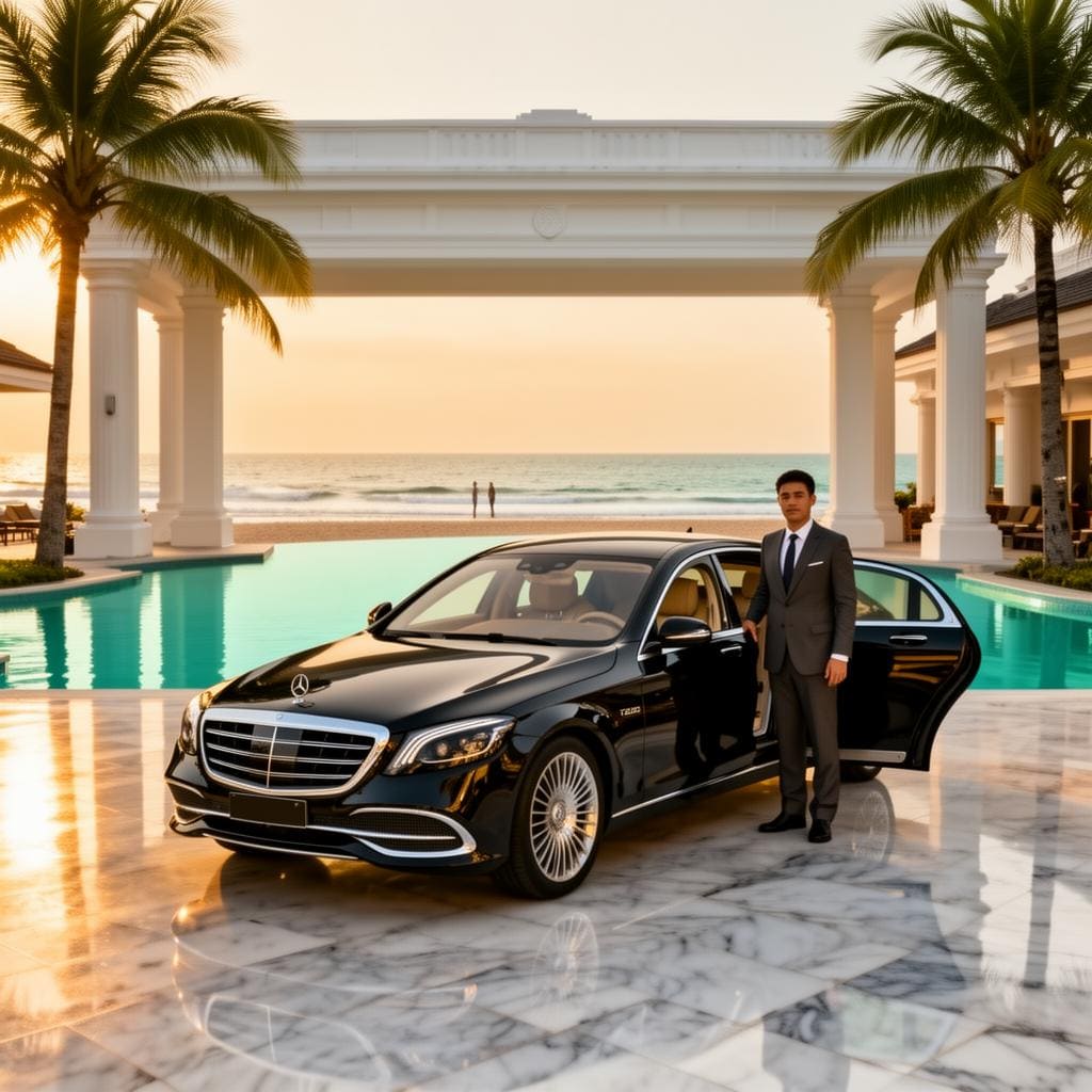 Obsidian-black Mercedes-Maybach S-Class on the polished marble forecourt of a Hua Hin beachfront resort at golden hour, chauffeur in charcoal suit beside the open rear door, infinity pool and the Gulf of Thailand behind the colonial-style portico.
