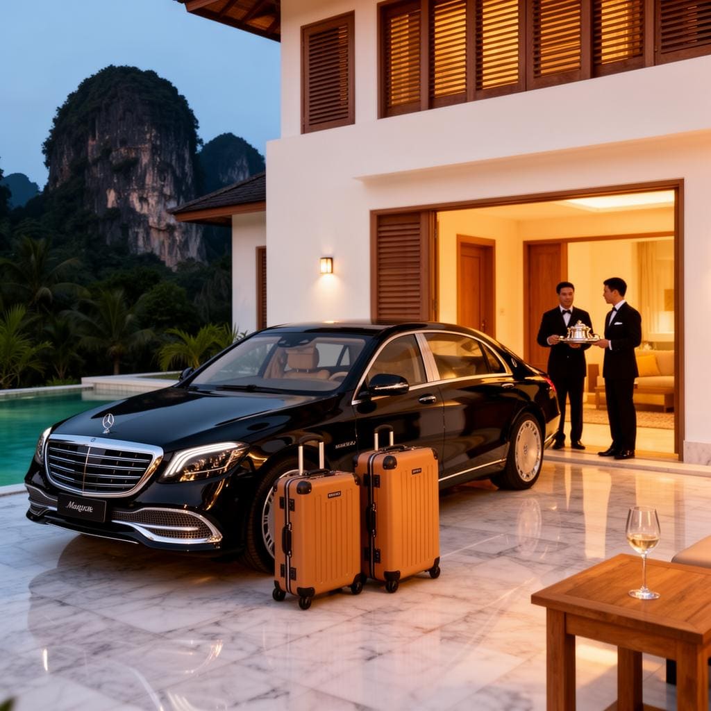 Obsidian-black Mercedes-Maybach S-Class on the polished marble forecourt of a private pool villa in southern Thailand at twilight, two matched tan Globe-Trotter suitcases set beside the car, butler with a silver tray inside the warmly-lit villa entrance, limestone karst peaks behind.