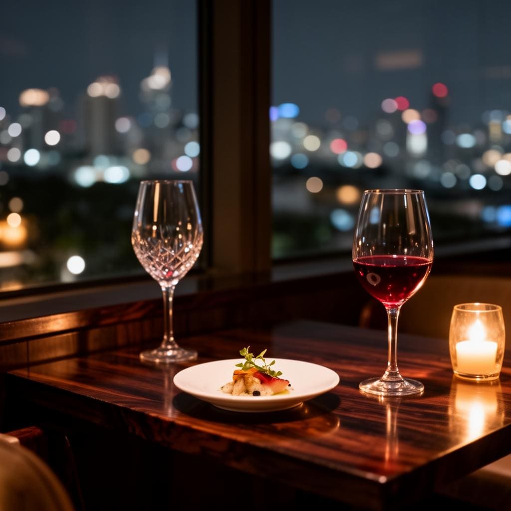 Bangkok rooftop sky bar at golden hour, polished marble counter, single bartender, skyline beyond.