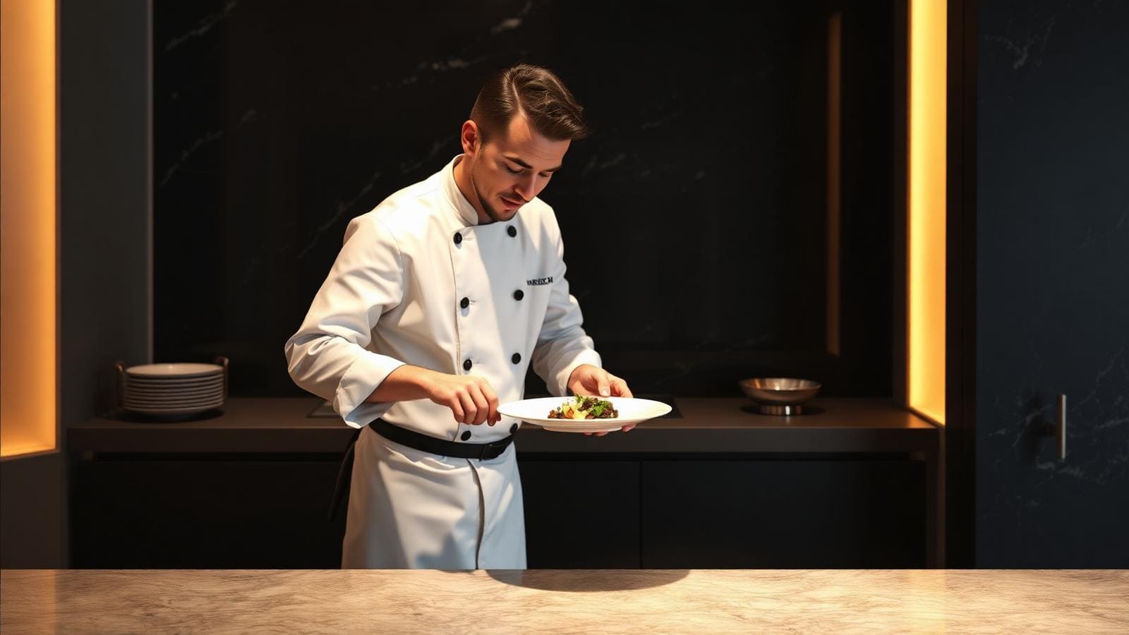 Michelin-grade chef plating a course at the kitchen pass, hands precise, soft warm light from above.
